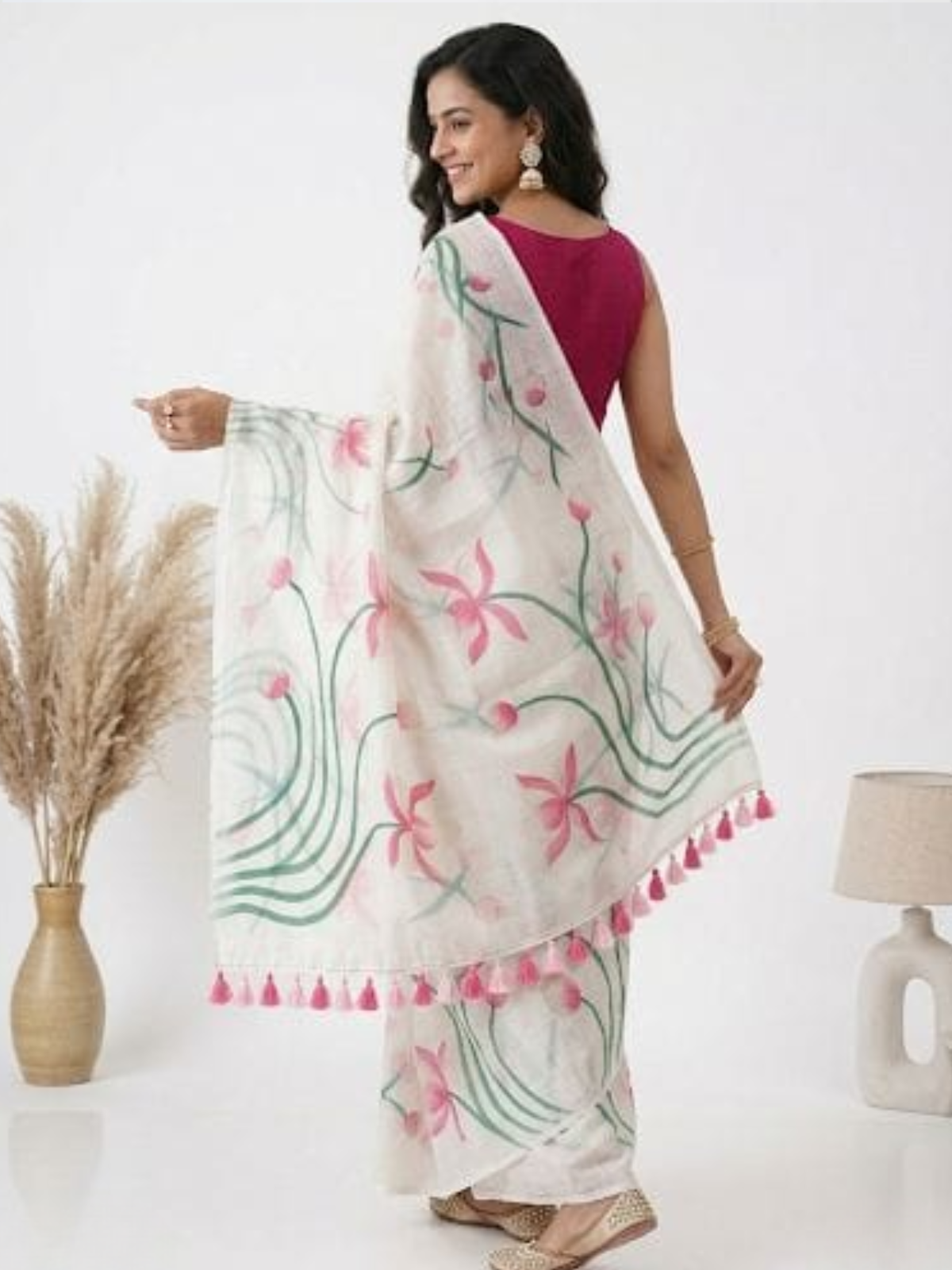 Graceful White Lotus Printed Saree with Tassel Border