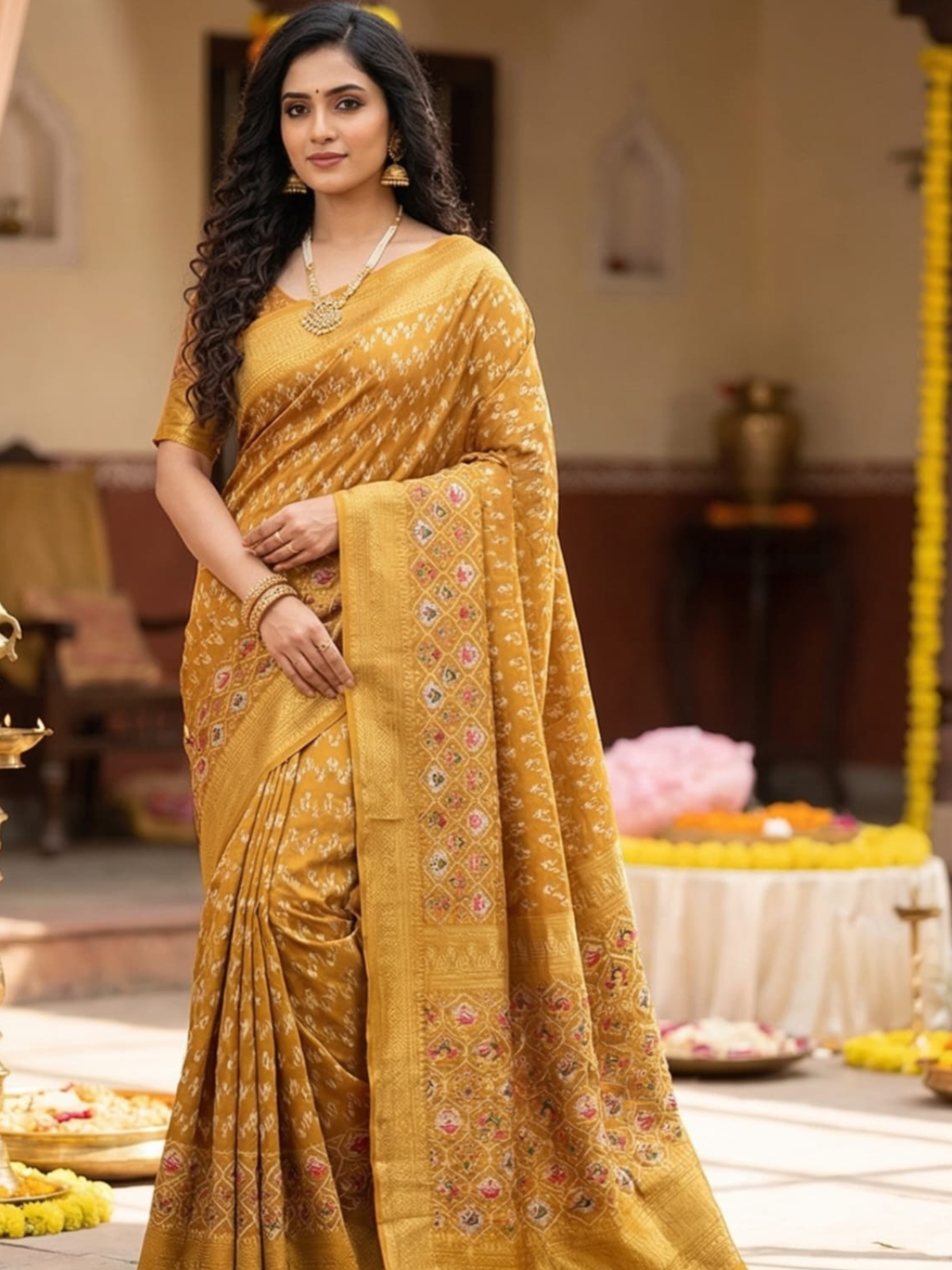 Mustard Yellow Silk Saree with Traditional Design