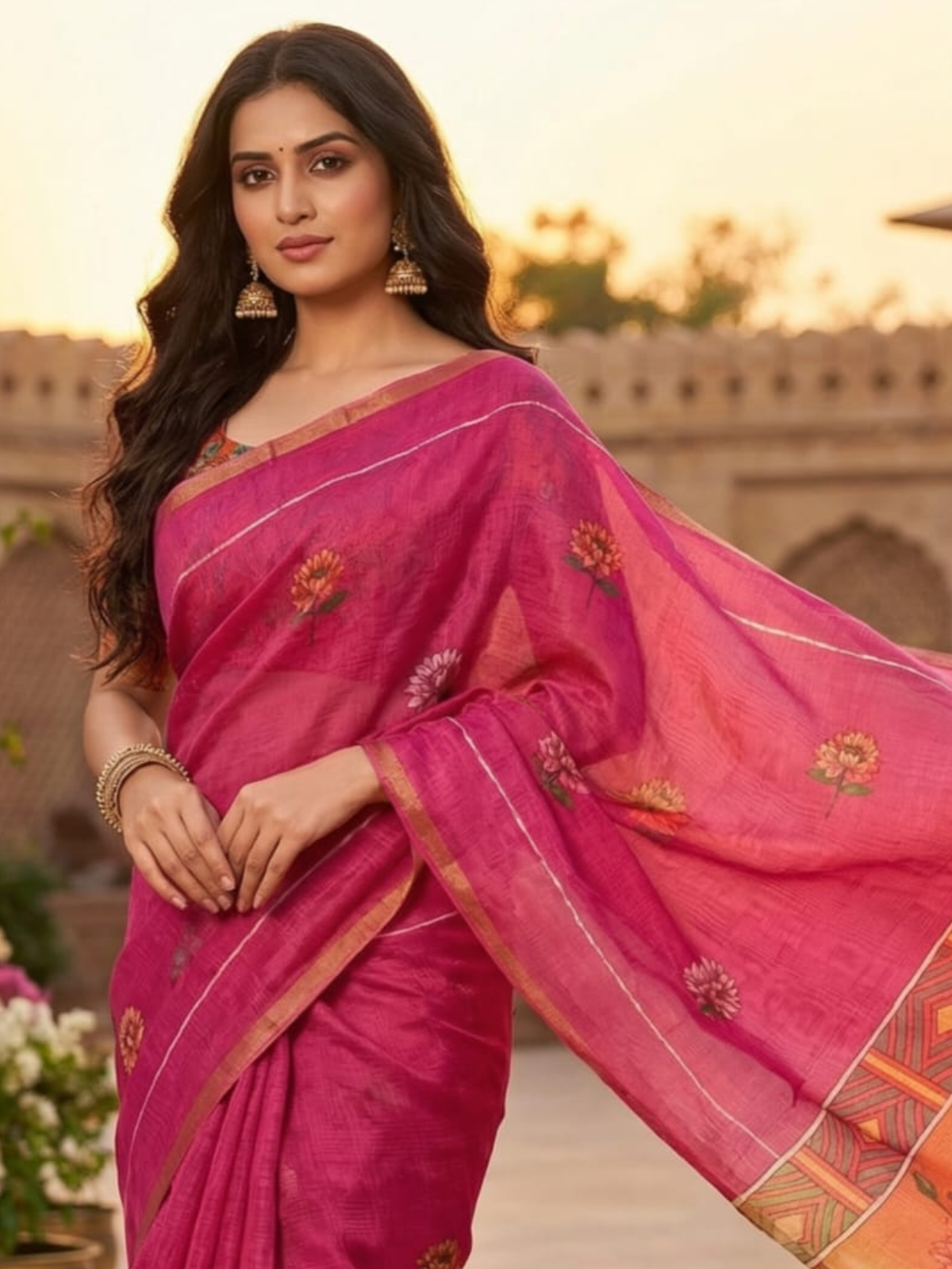 Elegant Pink Linen Saree with Floral Print