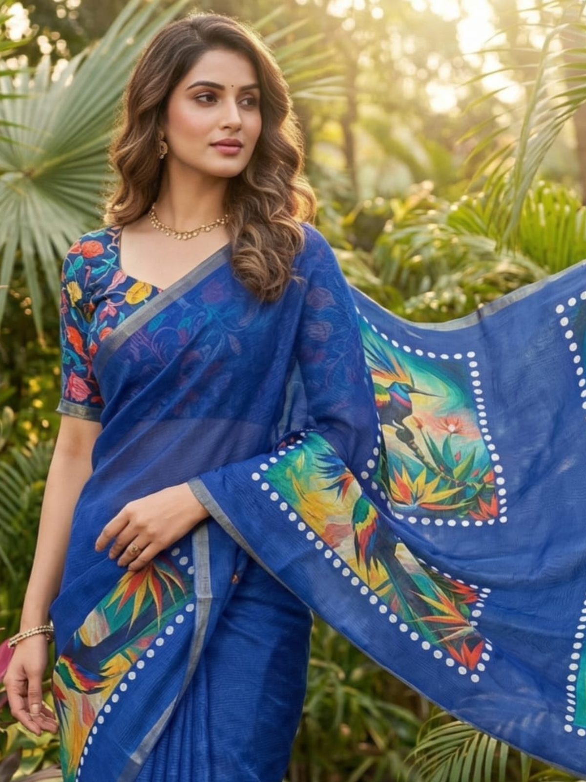 Royal Blue Linen Saree with Colorful Bird Print