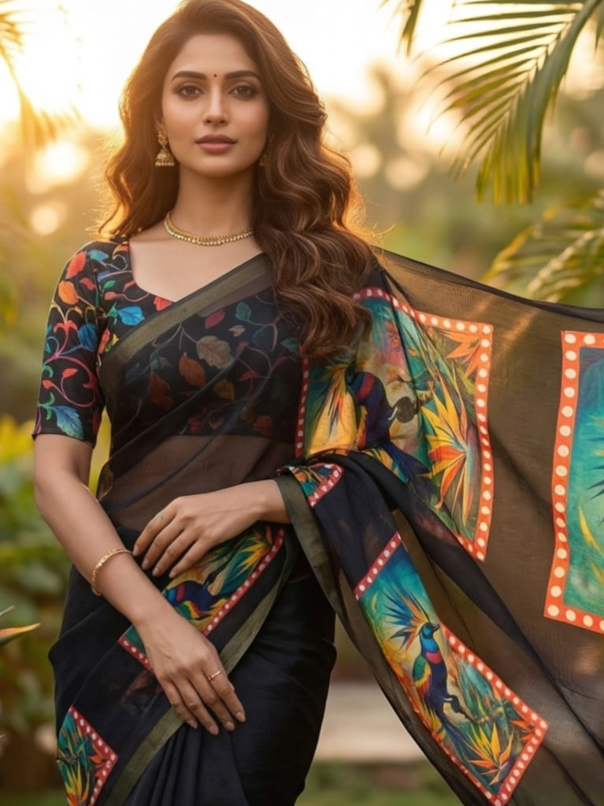 Stylish Black Linen Saree with Bird Print