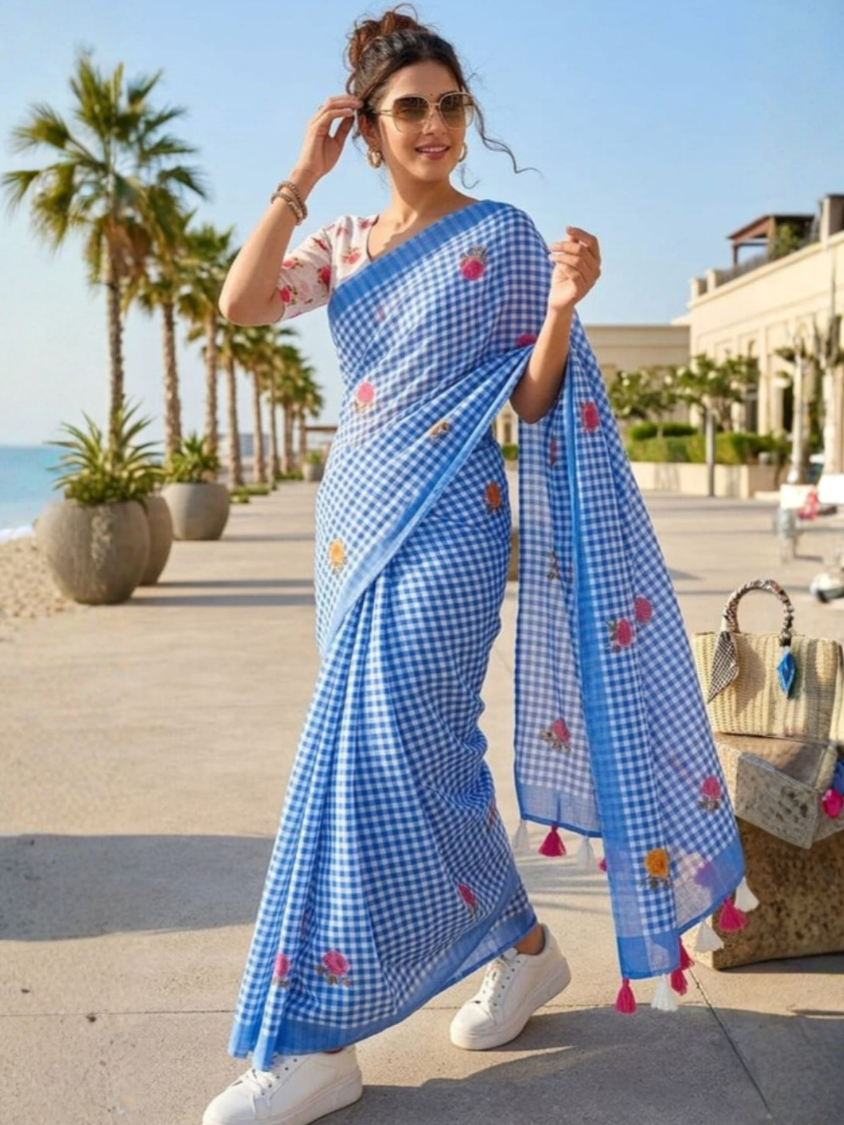 Classic Blue Check Saree with Floral Print
