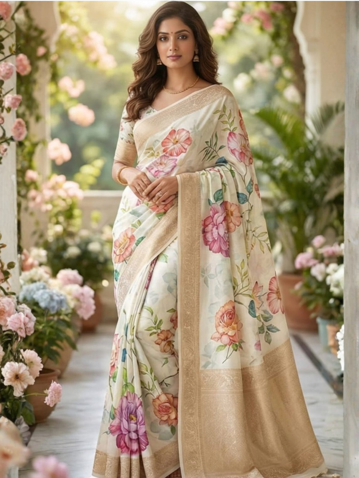 Elegant Cream Floral Printed Saree with Gold Border