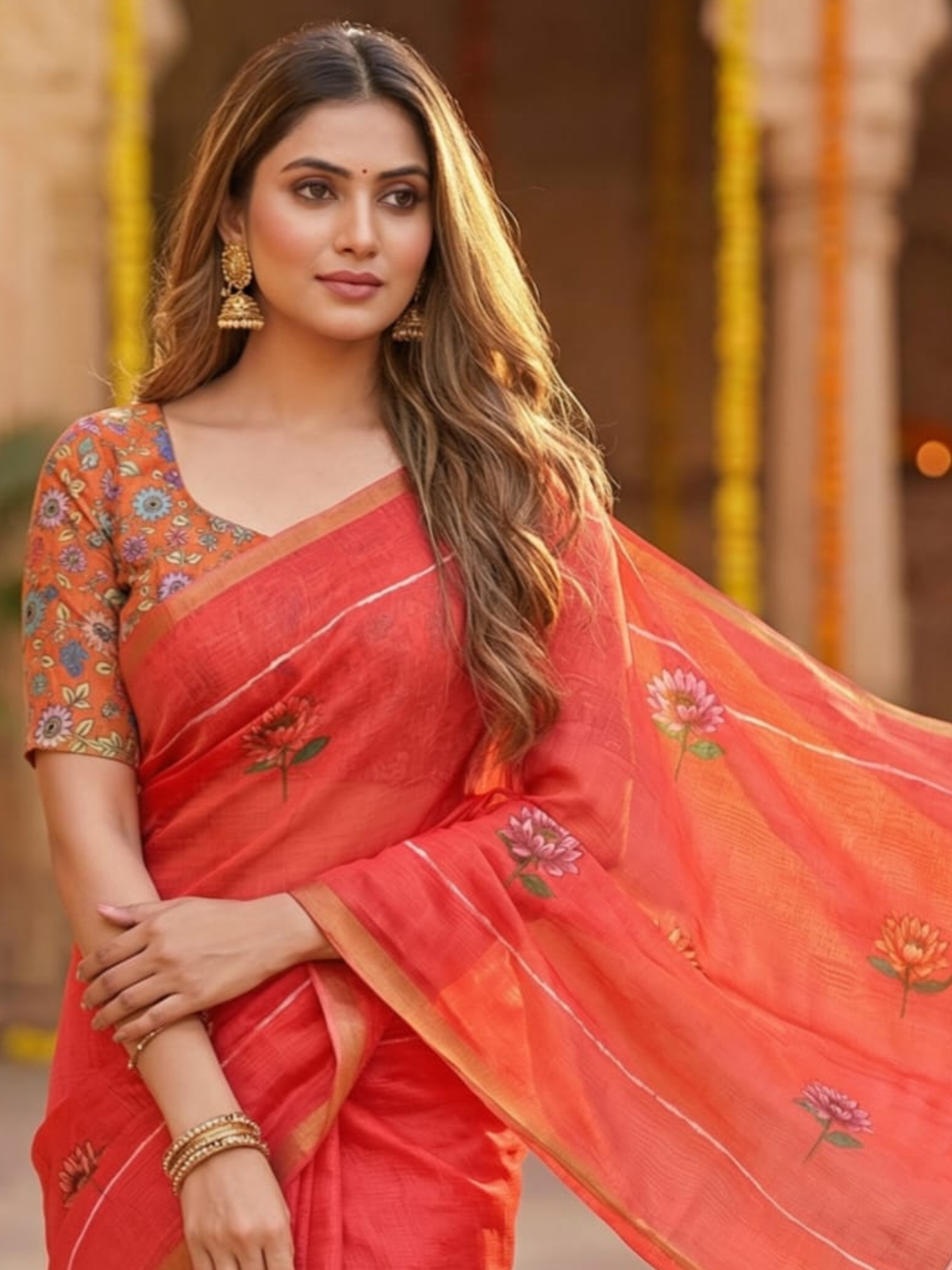Orange Linen Saree with Soft Floral Design