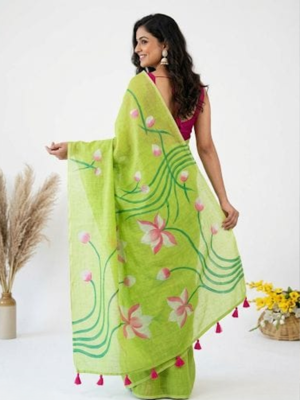 Elegant Green Lotus Printed Saree with Tassel Border