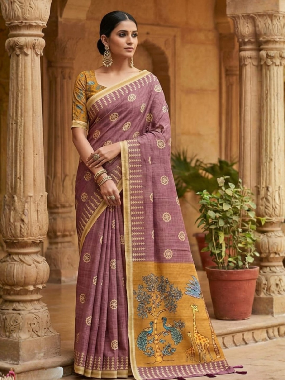 Elegant Mauve Printed Saree with Traditional Animal Pallu