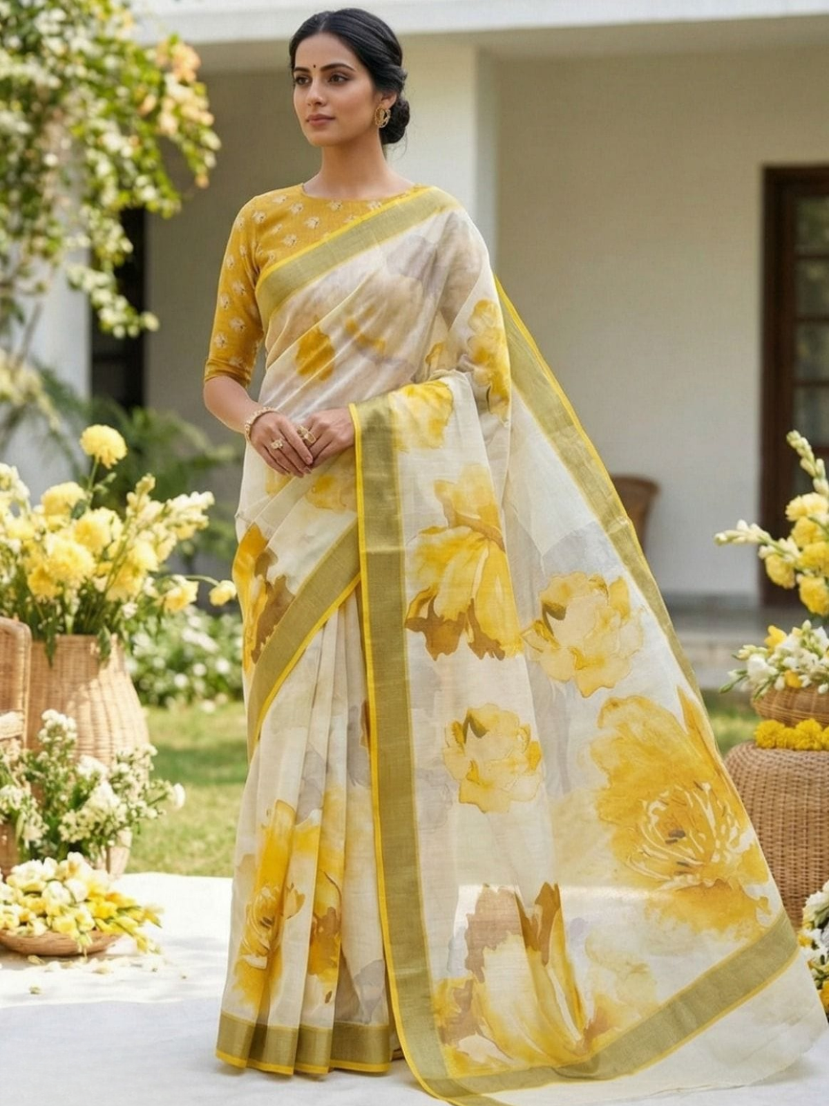 Graceful Yellow Floral Organza Saree with Blouse