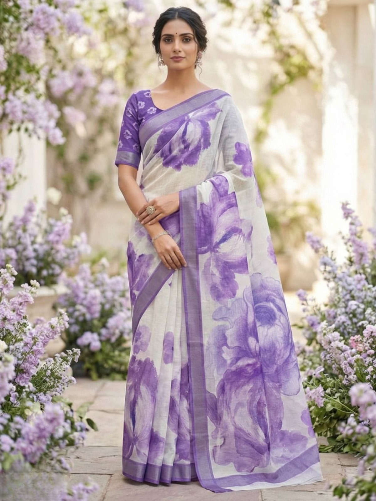 Lavender Bloom Designer Organza Saree with Floral Print & Matching Blouse