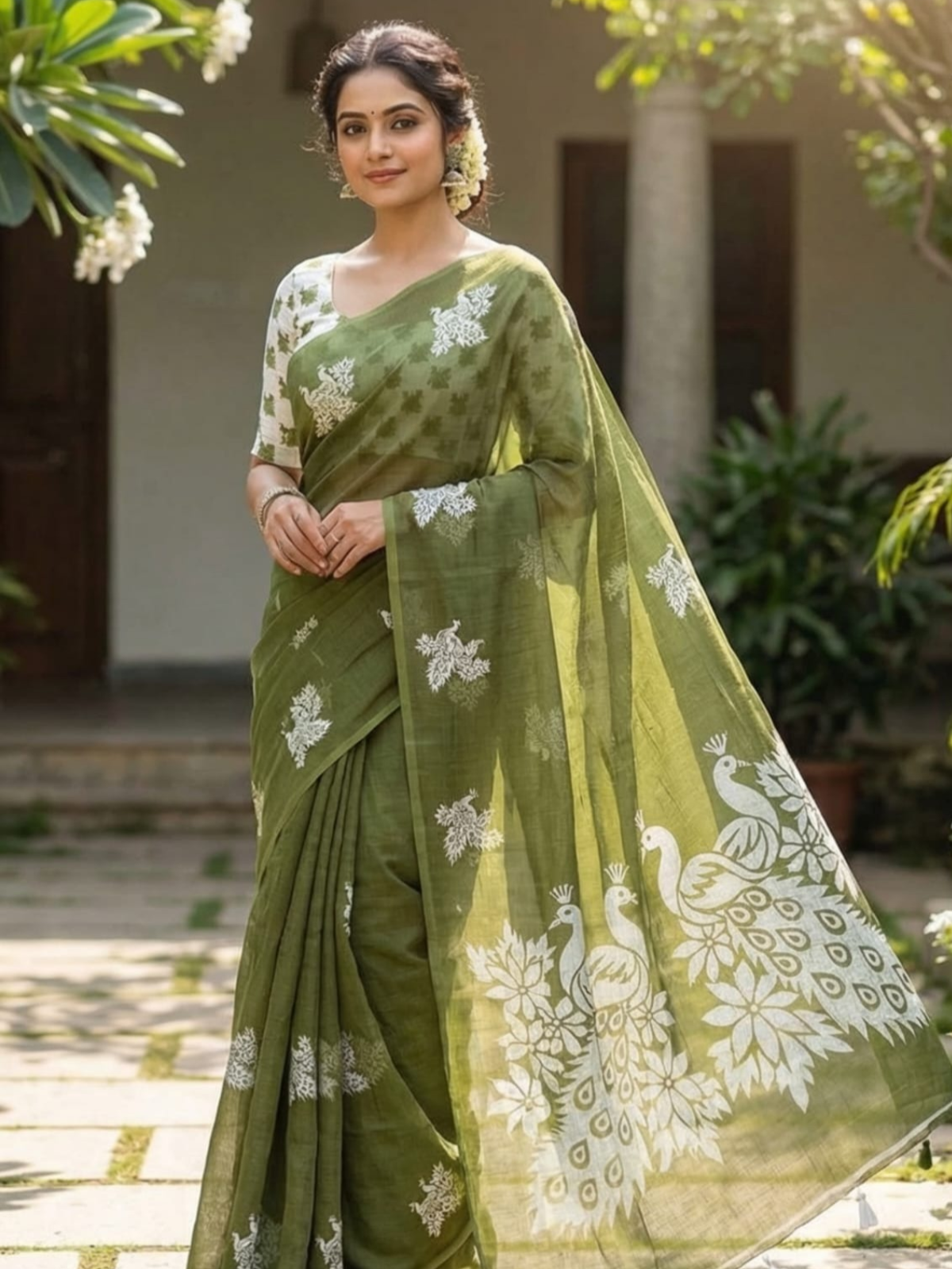 Olive Green Designer Saree with Peacock Print