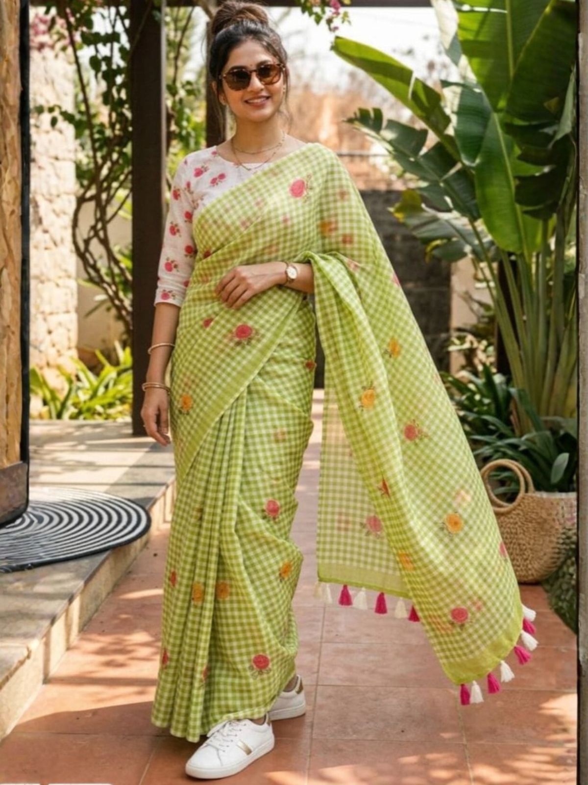 Lime Green Check Saree with Floral Print