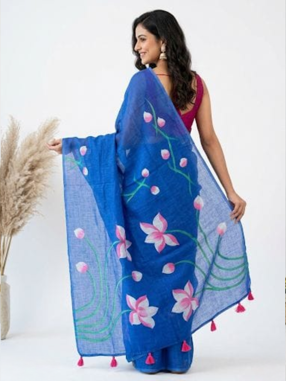 Stylish Blue Lotus Printed Saree with Designer Tassels