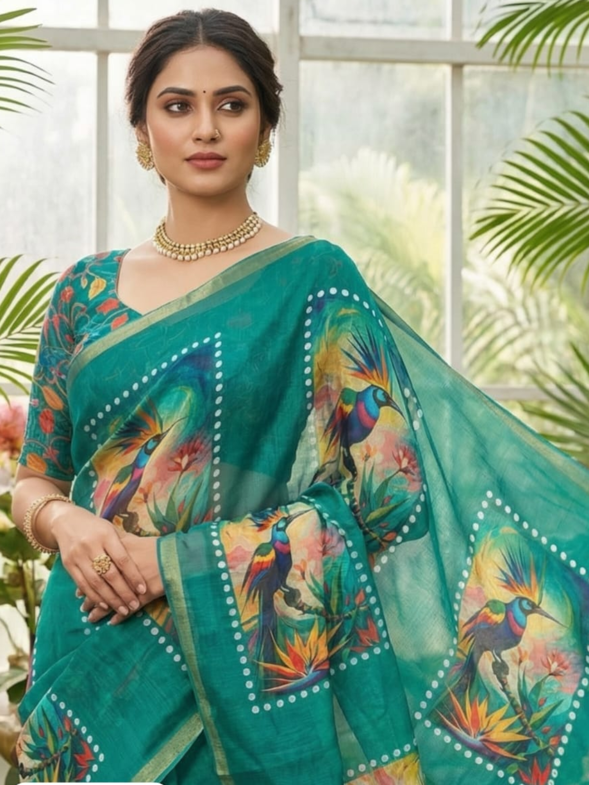 Graceful Green Linen Saree with Bird Motif Print