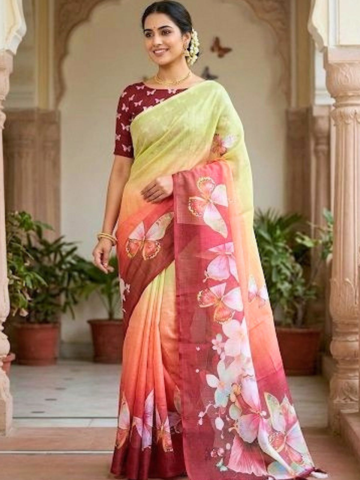 Butterfly Bloom Ombre Linen Saree