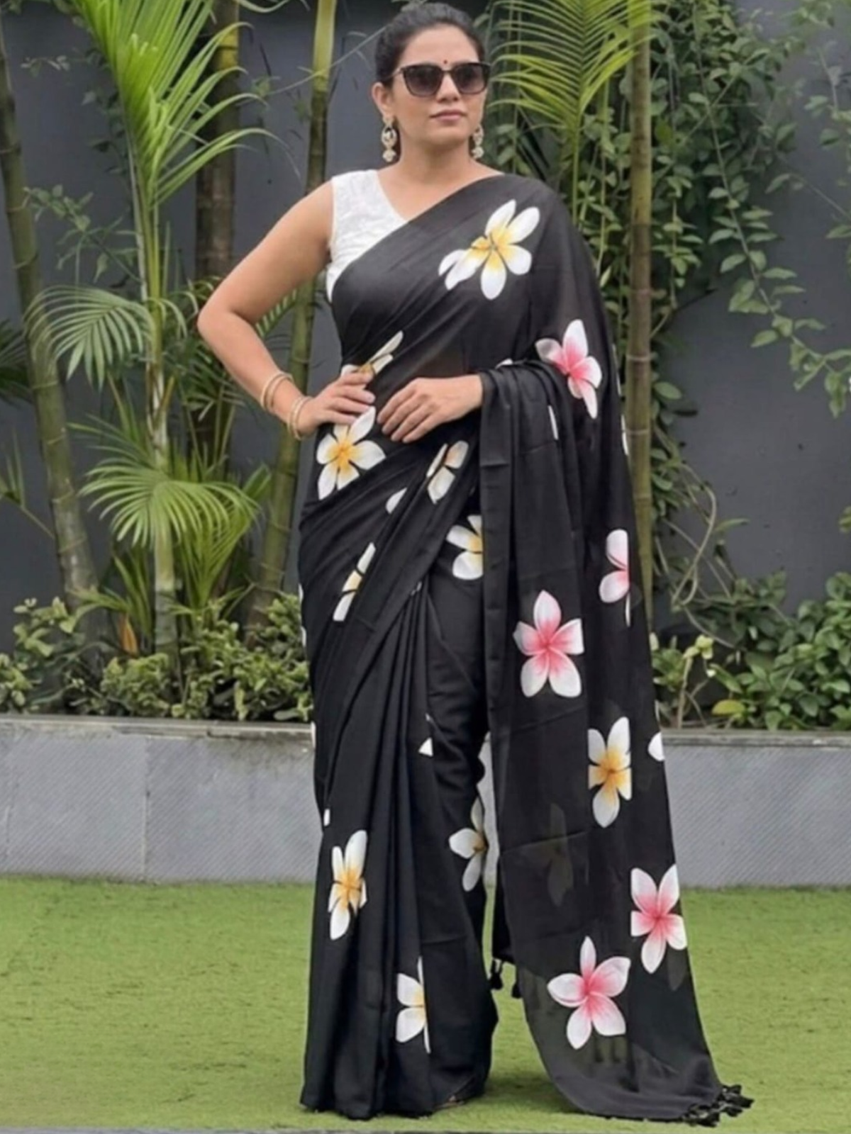 Classic Black Floral Printed Saree