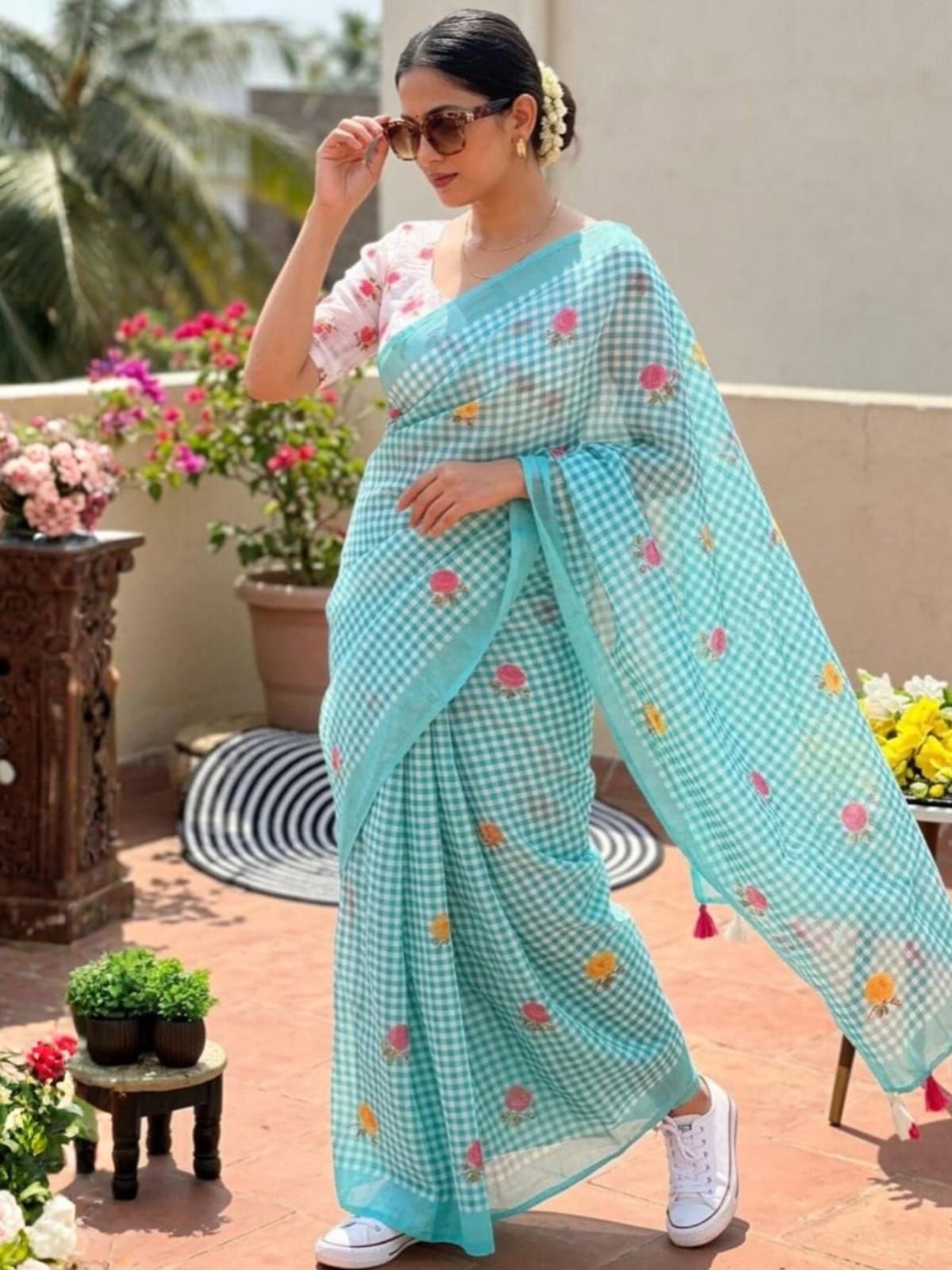 Fresh Sky Green Check Saree with Floral Motifs