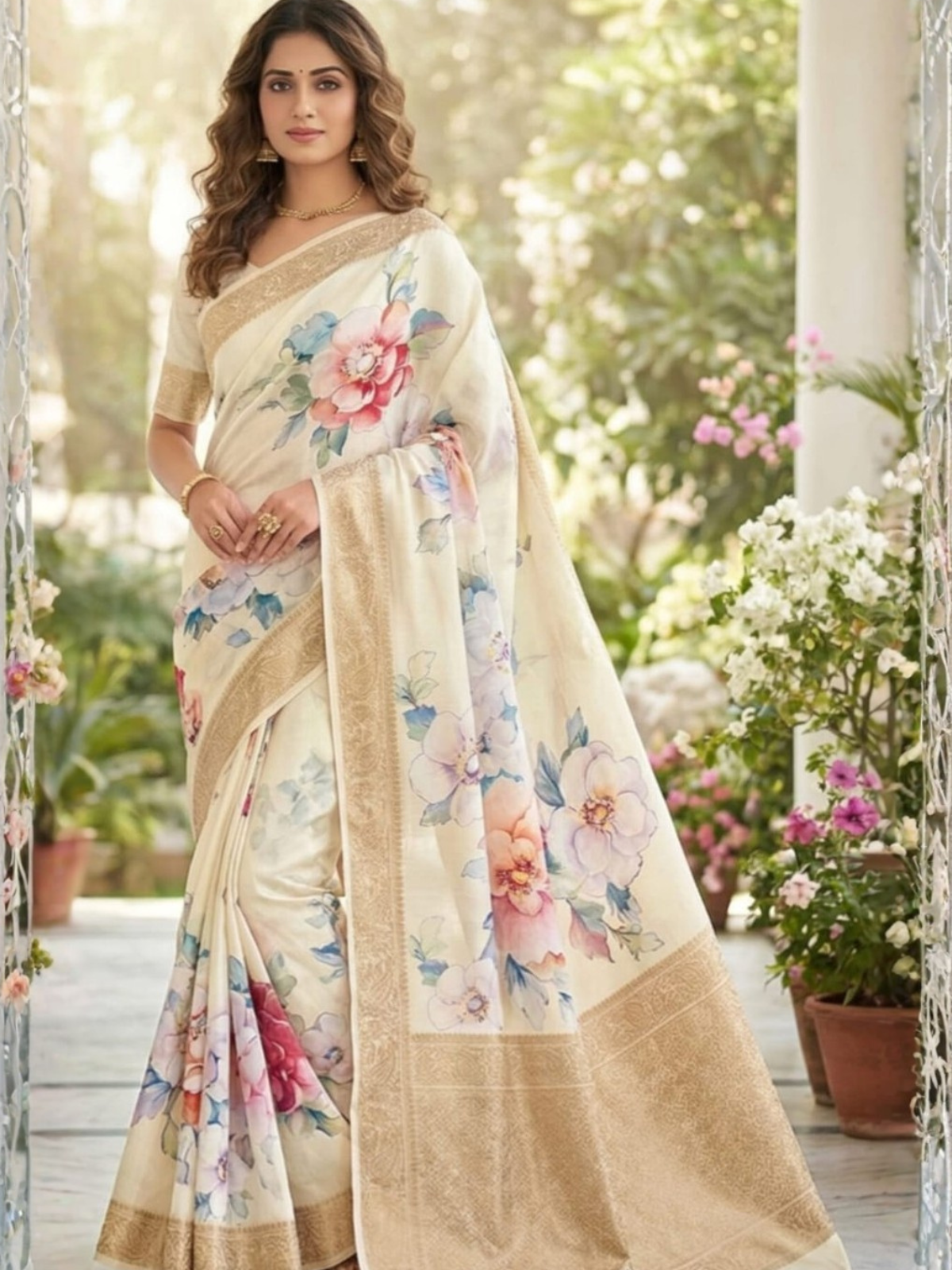 Cream Saree with Blue Floral Print & Gold Border