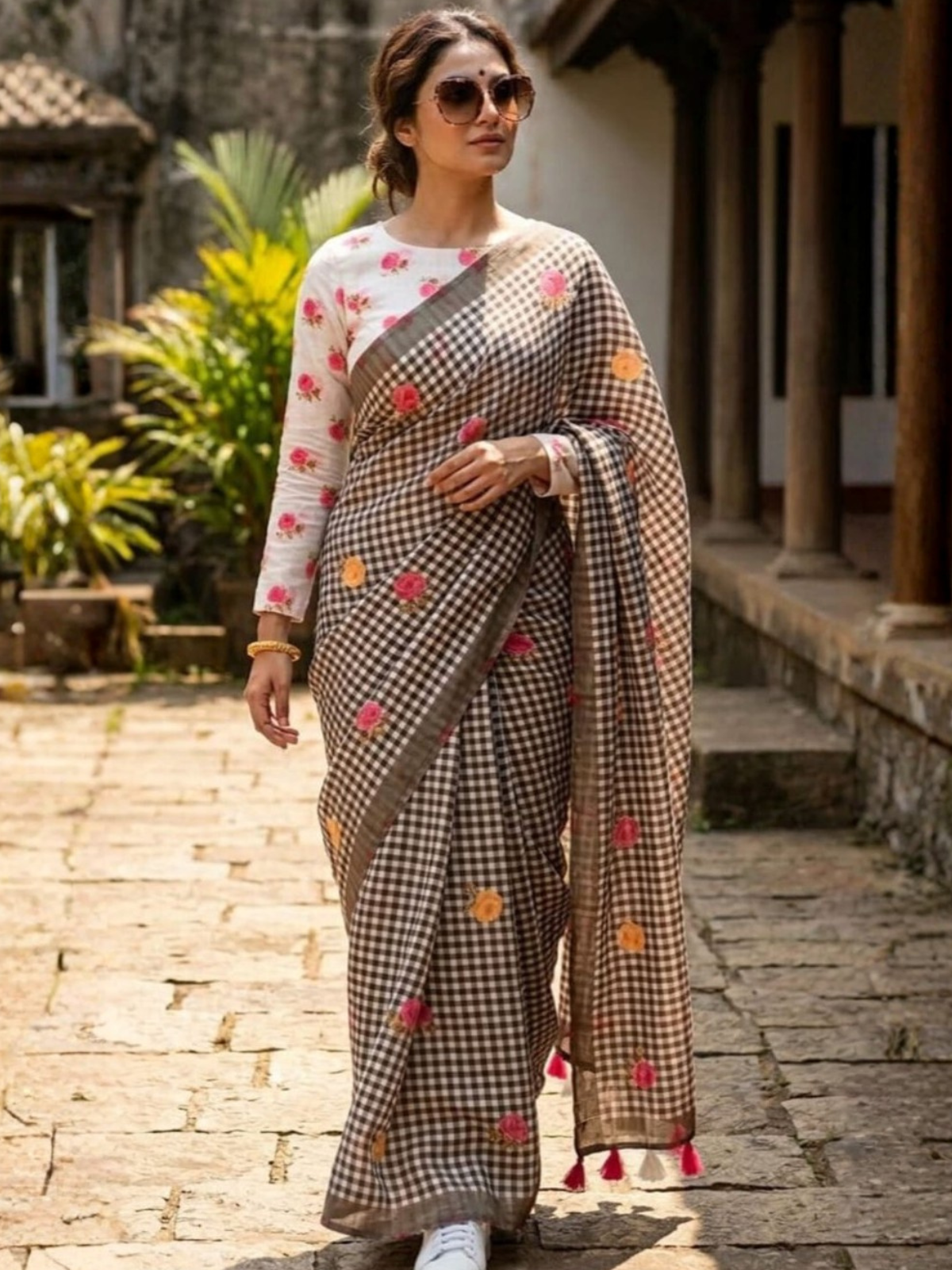 Classic Brown Check Saree with Floral Design