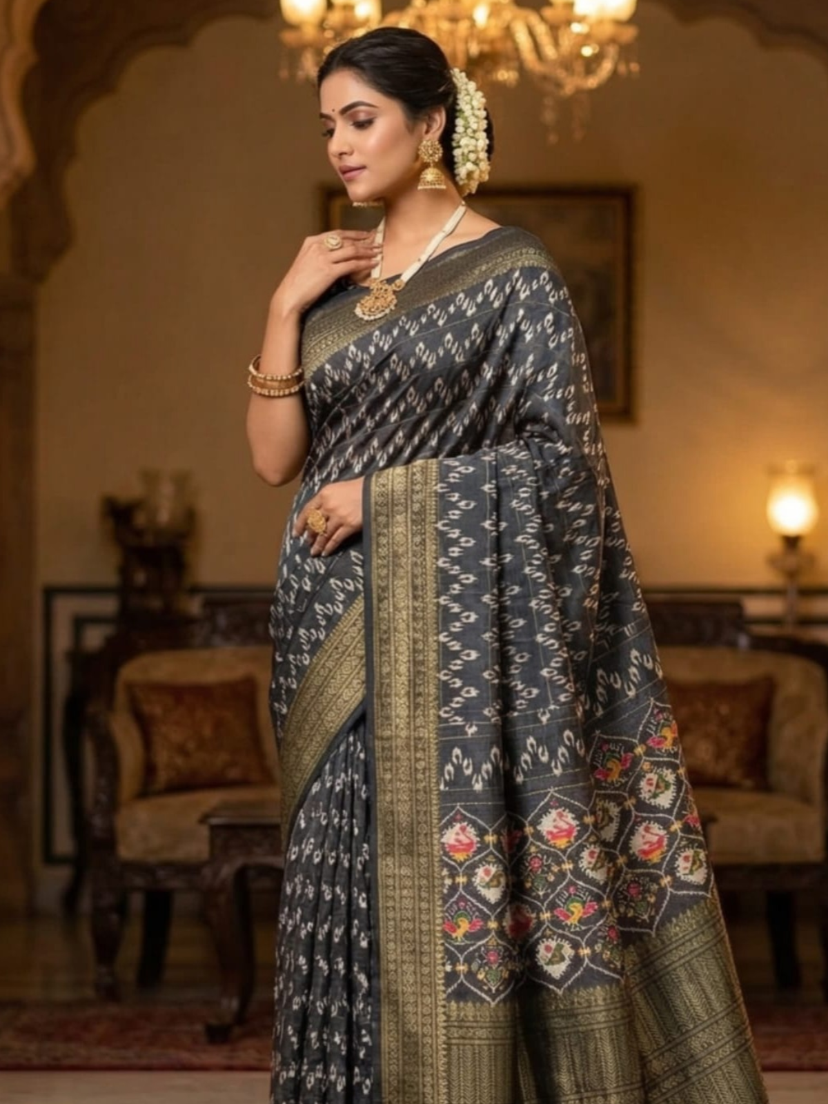 Charcoal Black Silk Saree with Rich Border