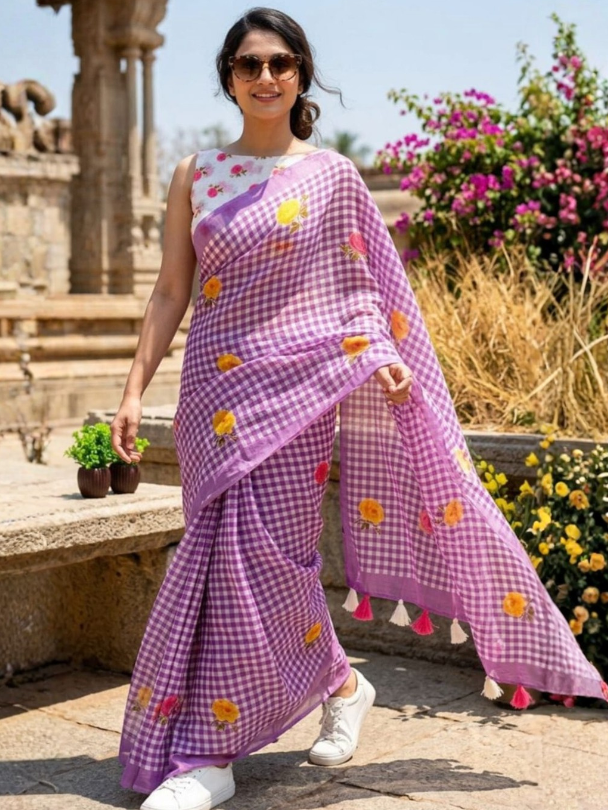Elegant Purple Check Saree with Floral Print