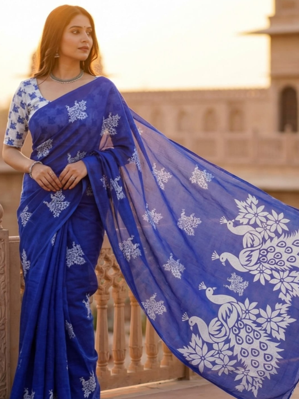 Royal Blue Organza Saree with Peacock Design