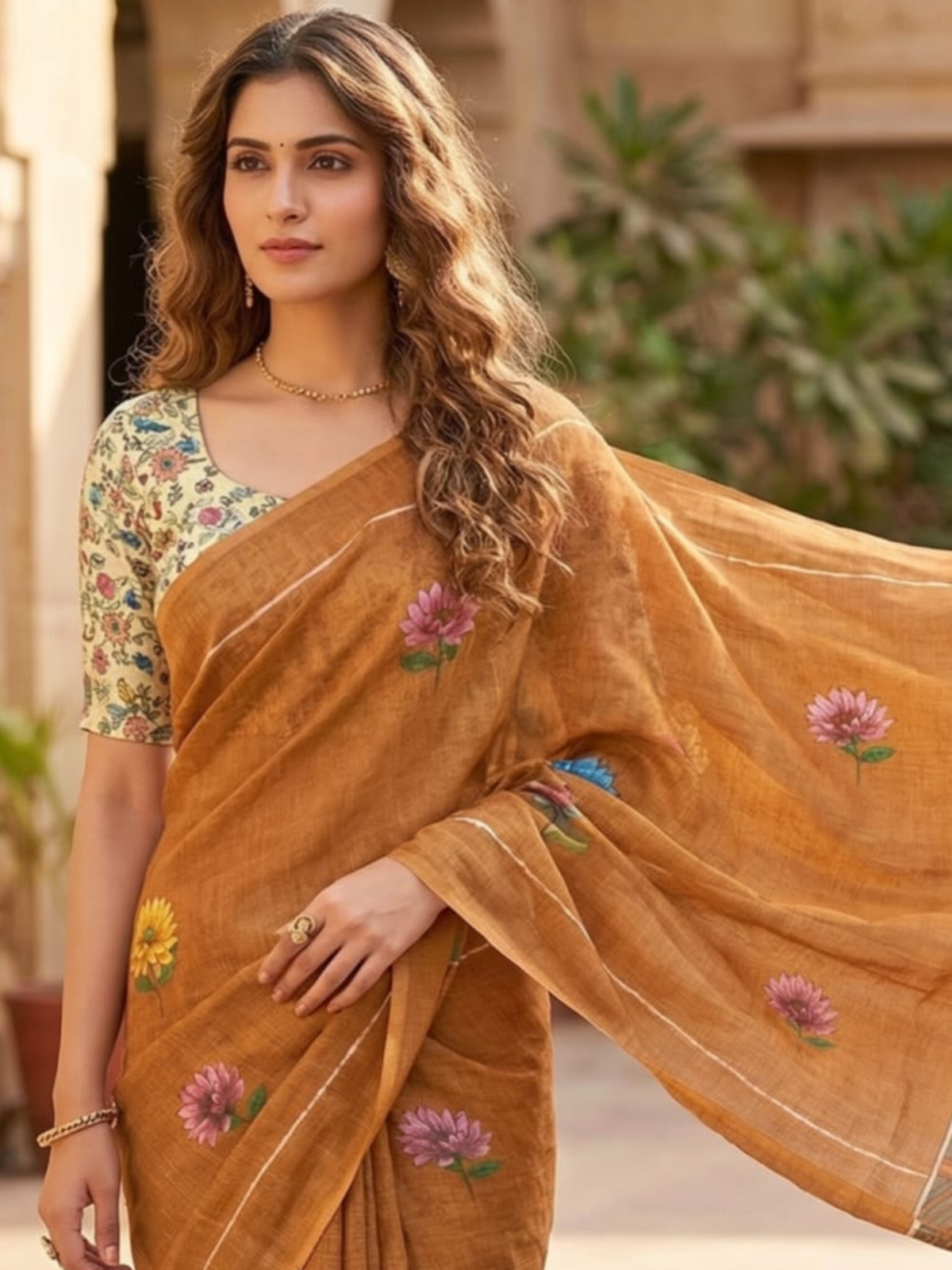 Rust Brown Linen Saree with Floral Print