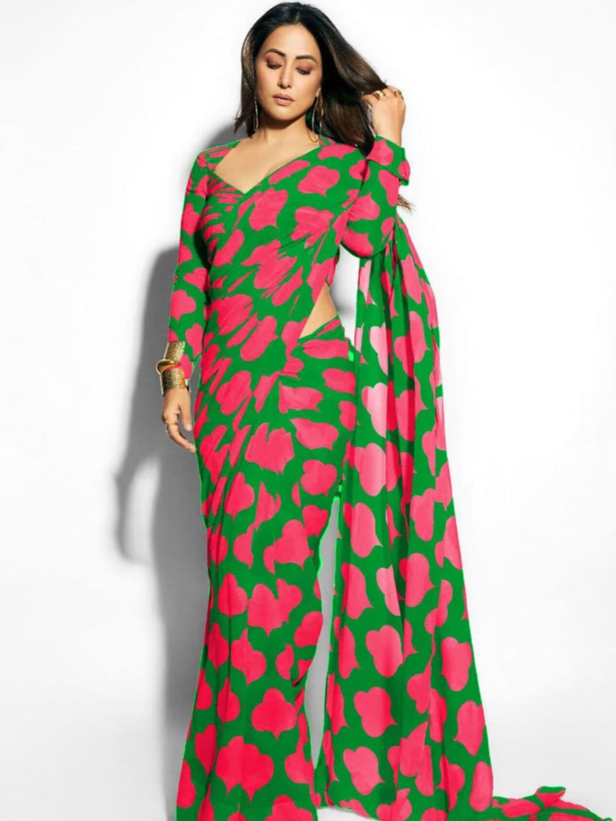 Designer Green & Pink Abstract Print Saree