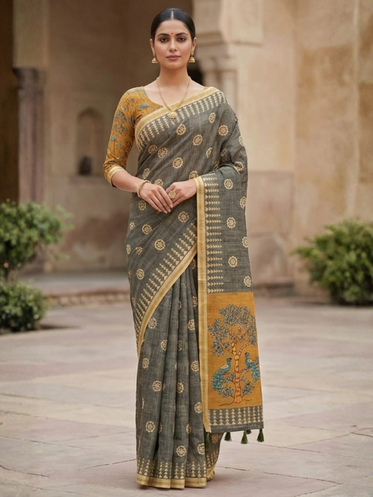 Stylish Grey Printed Saree with Designer Animal Pallu
