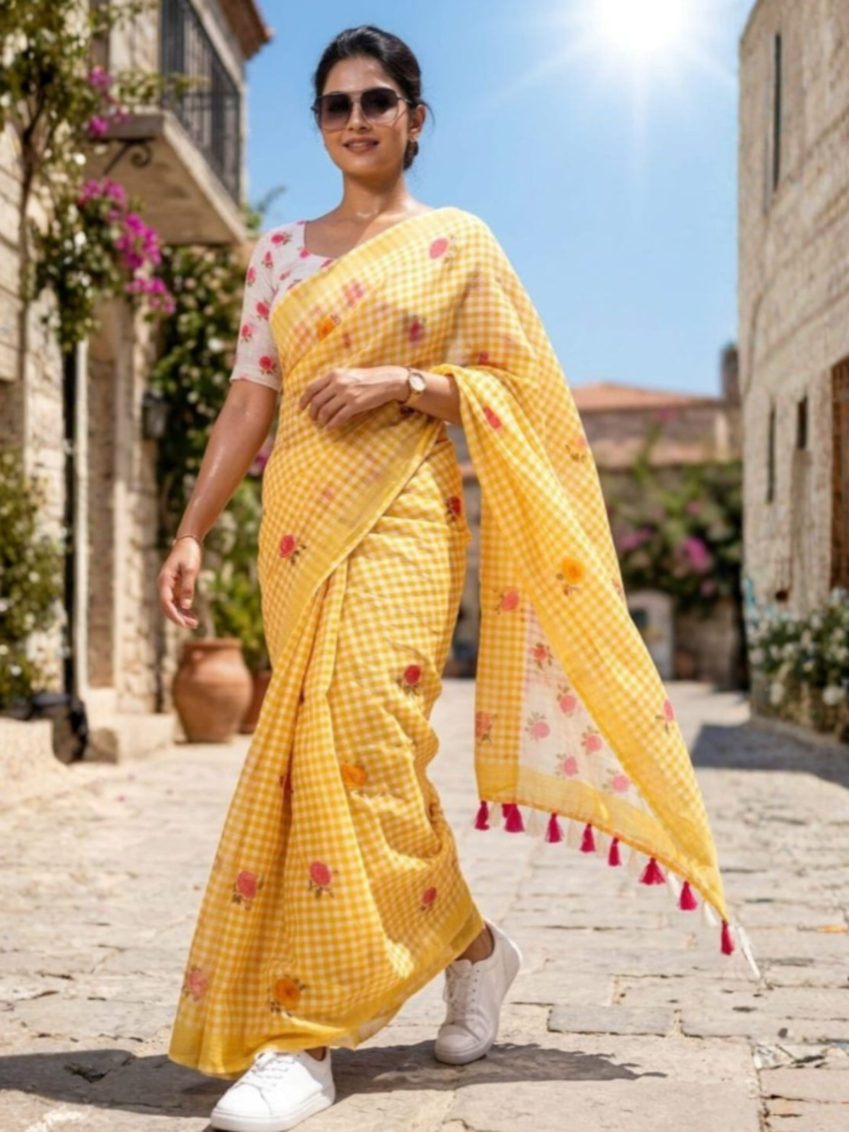 Sunny Yellow Check Print Saree with Floral Motifs
