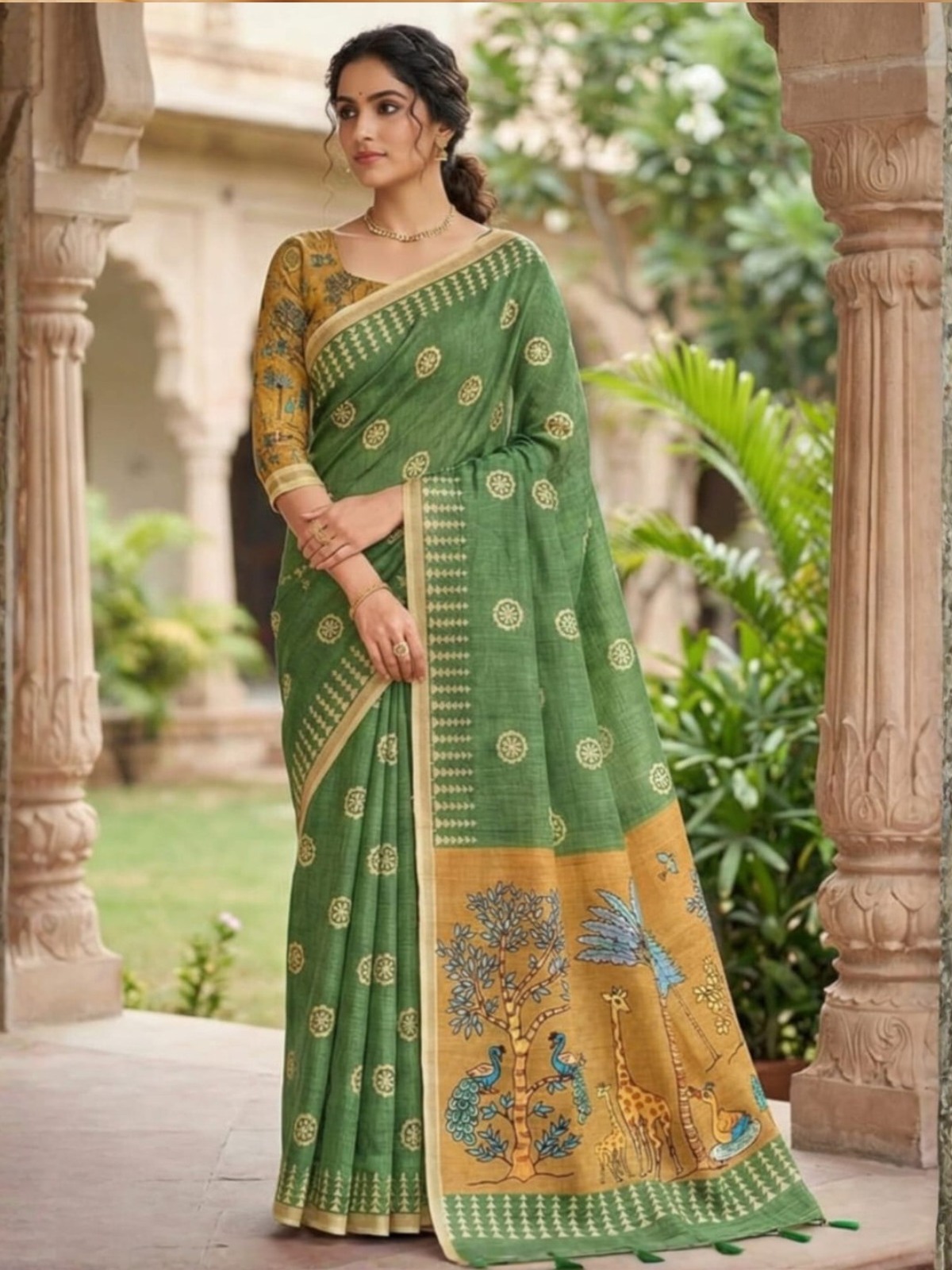 Graceful Green Traditional Saree with Printed Animal Pallu