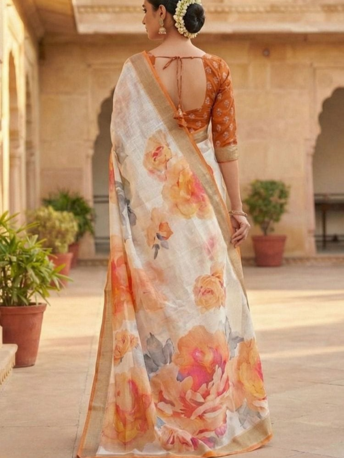 Peach Blossom Floral Organza Saree with Golden Border & Designer Blouse
