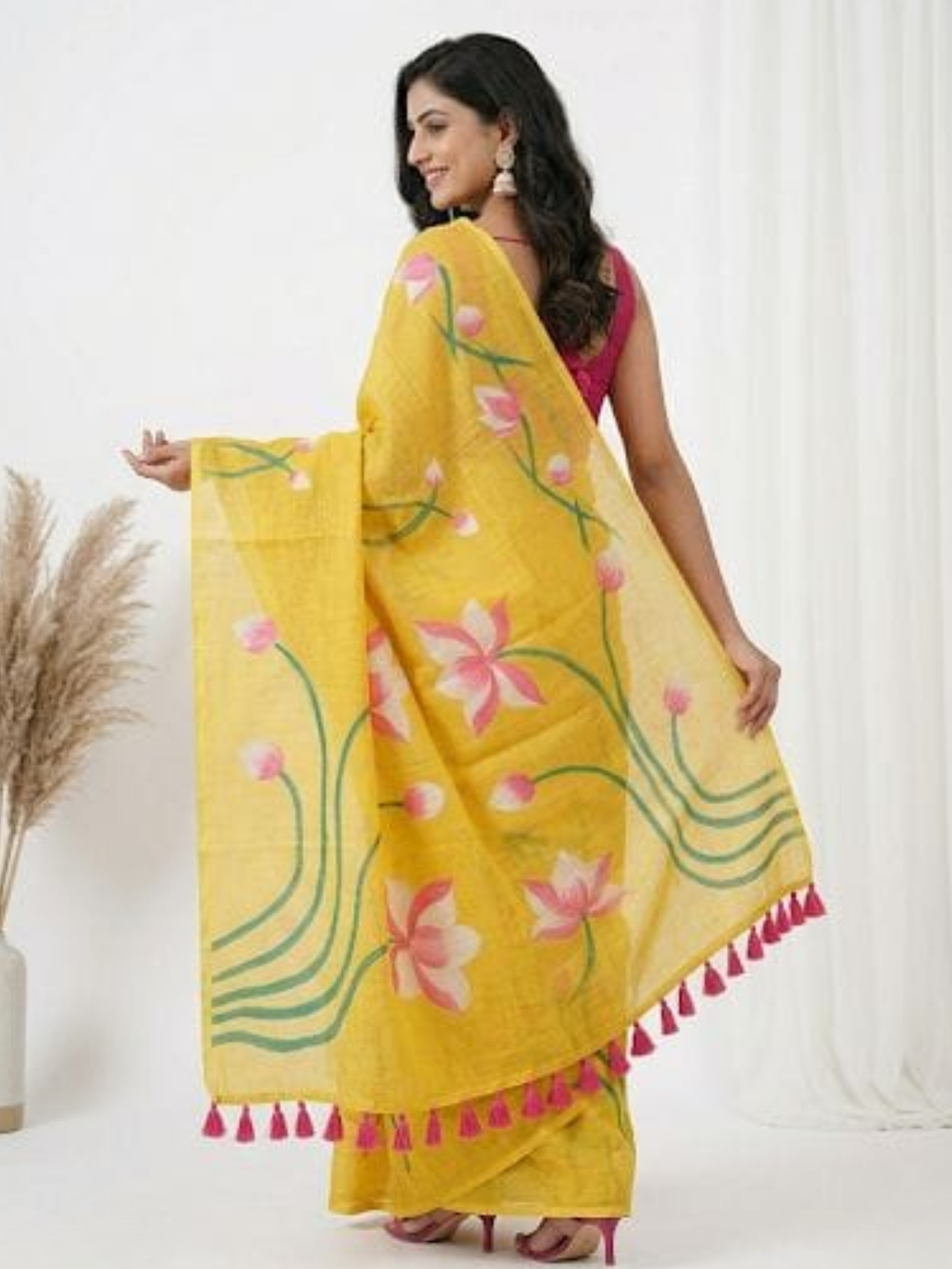 Bright Yellow Lotus Printed Saree with Tassels
