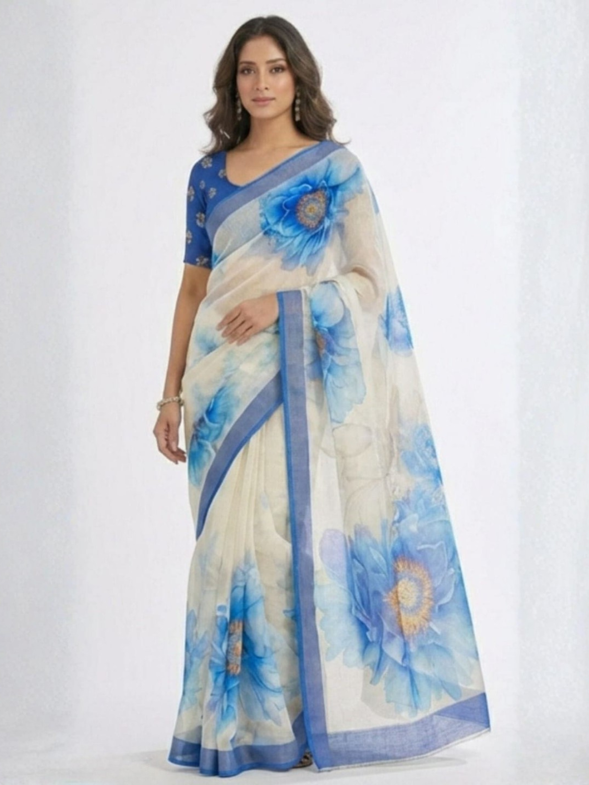 Elegant Blue Floral Organza Saree with Designer Blouse