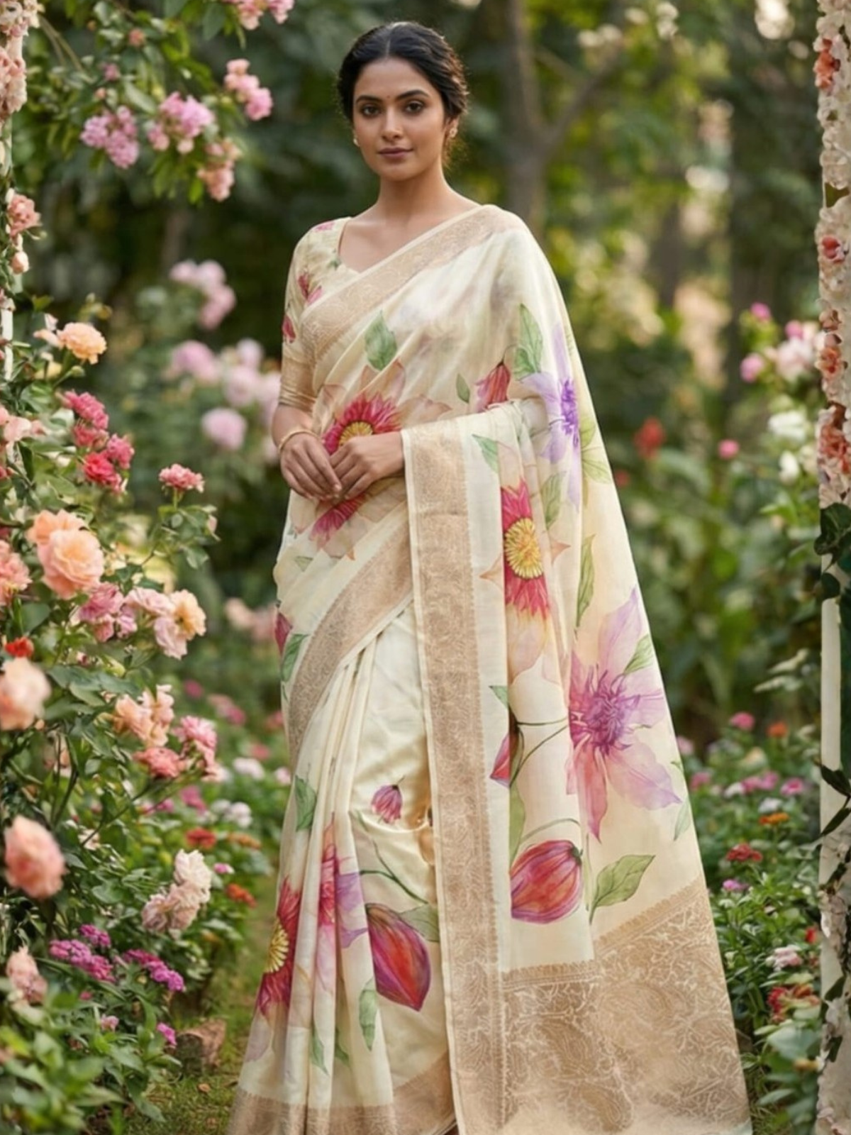Designer Cream Multicolor Floral Saree