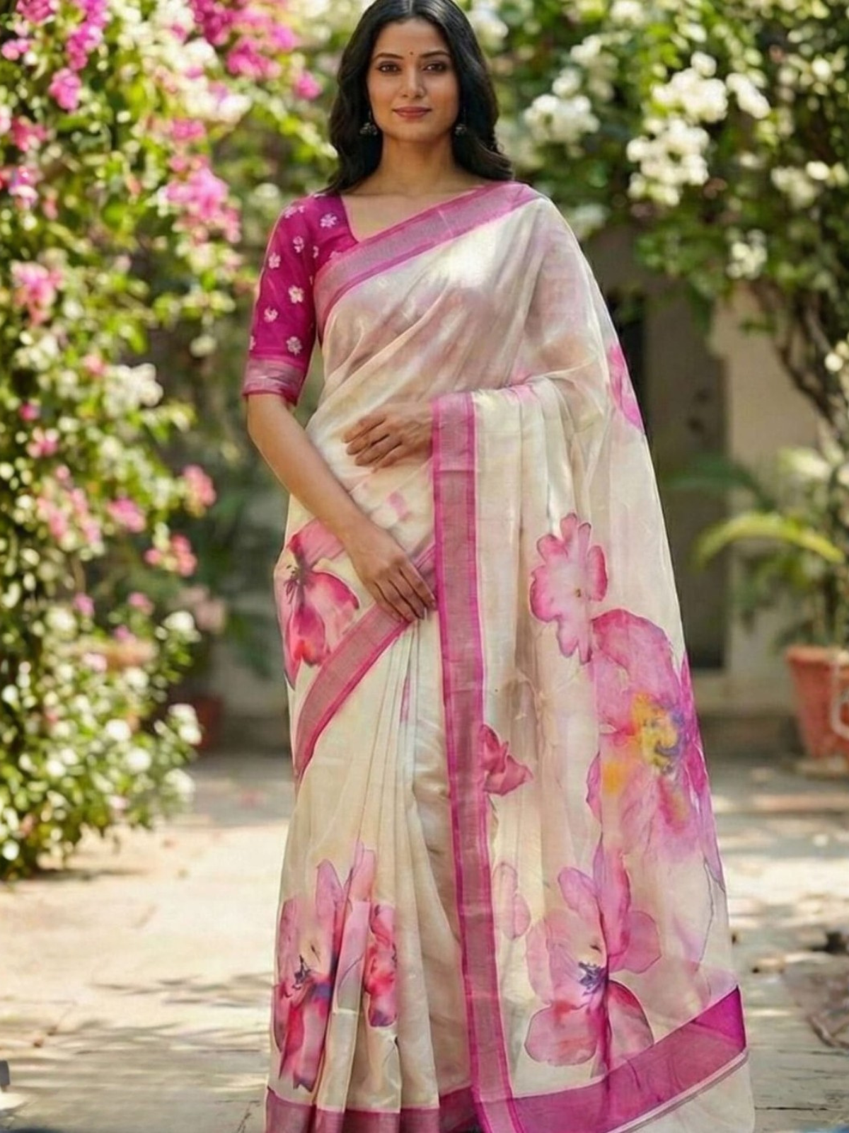 Charming Pink Floral Organza Saree with Designer Blouse