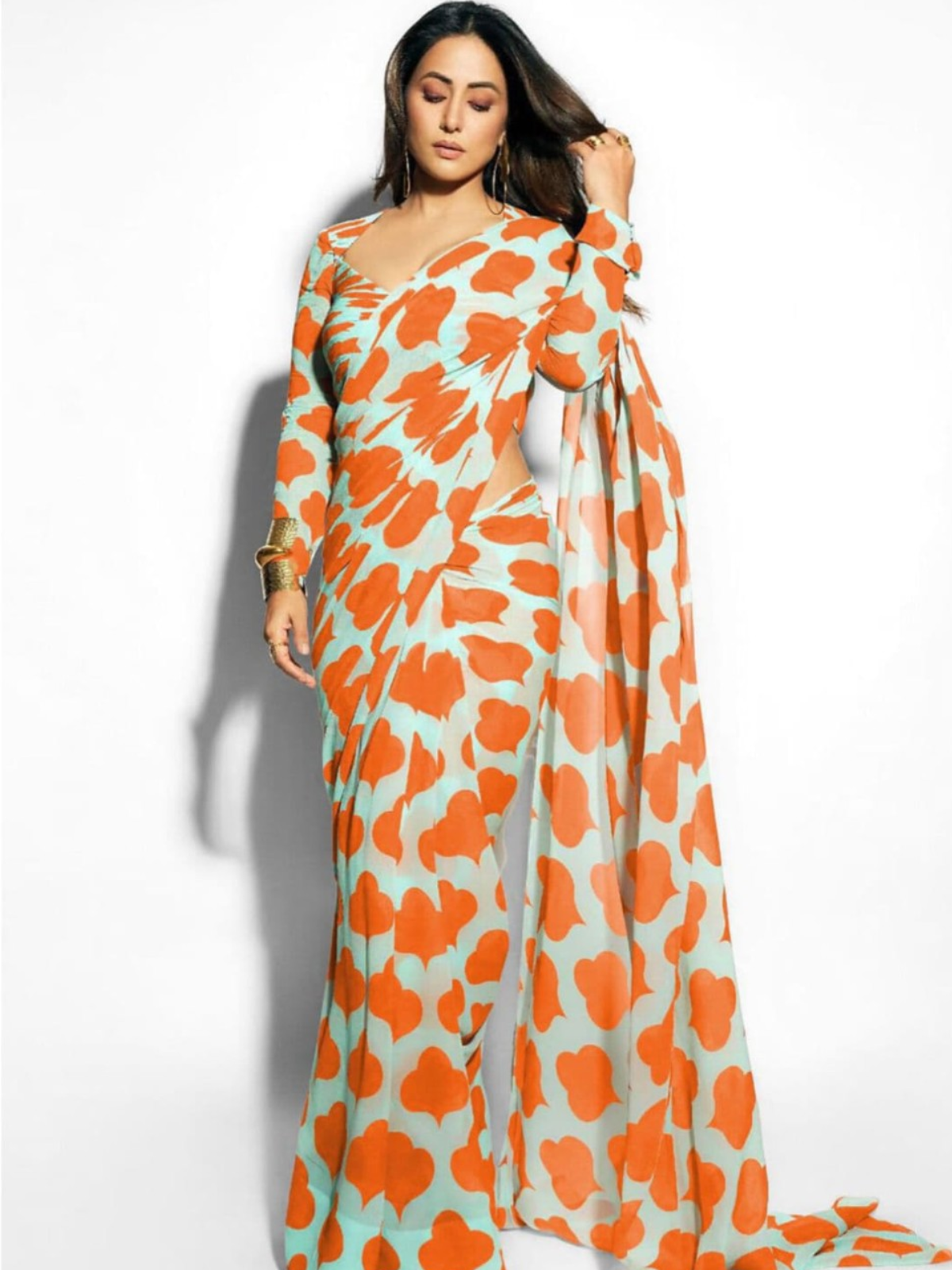 Trendy Orange & Sky Blue Printed Saree