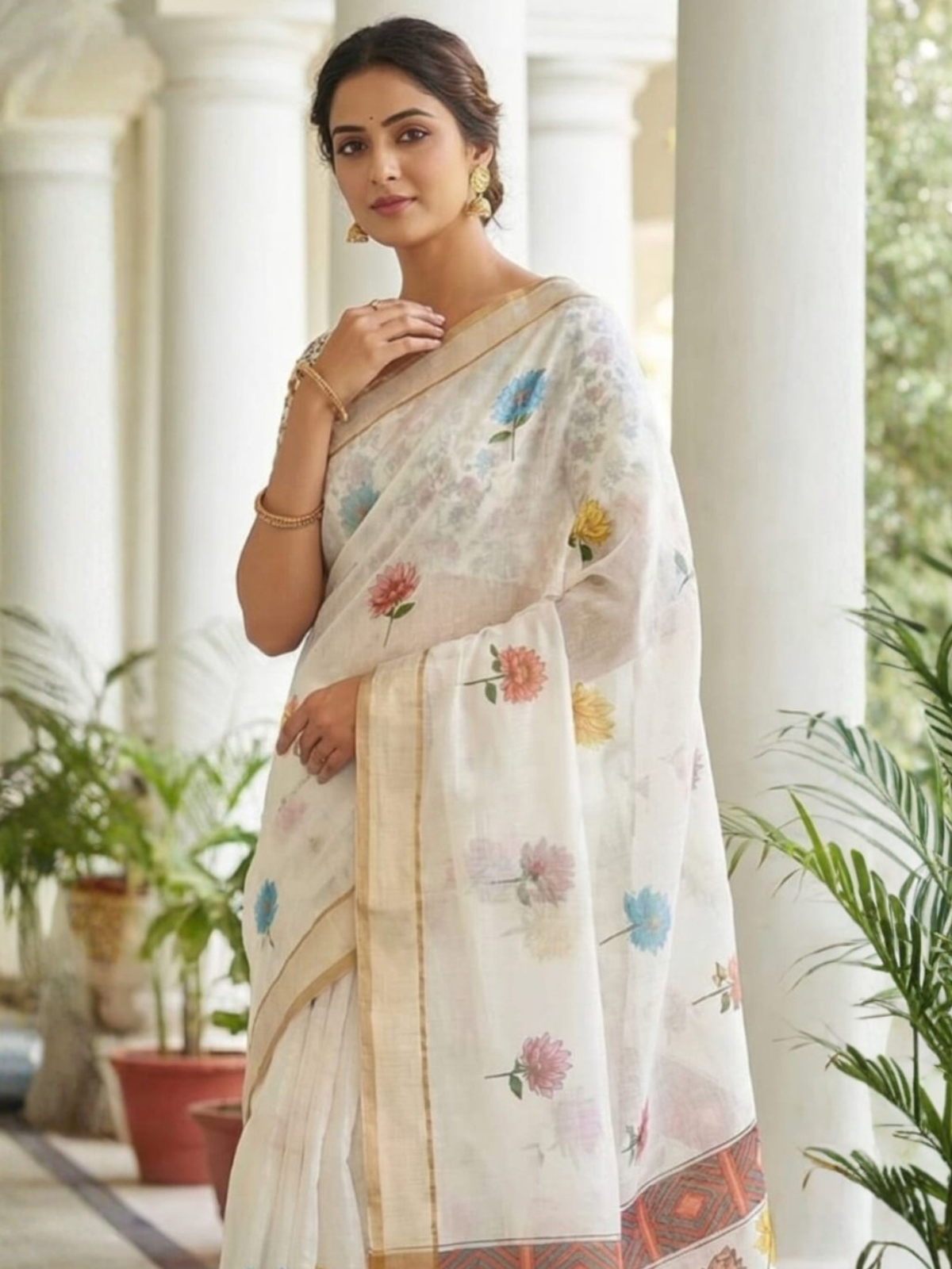 Elegant Off-White Linen Saree with Soft Floral Print