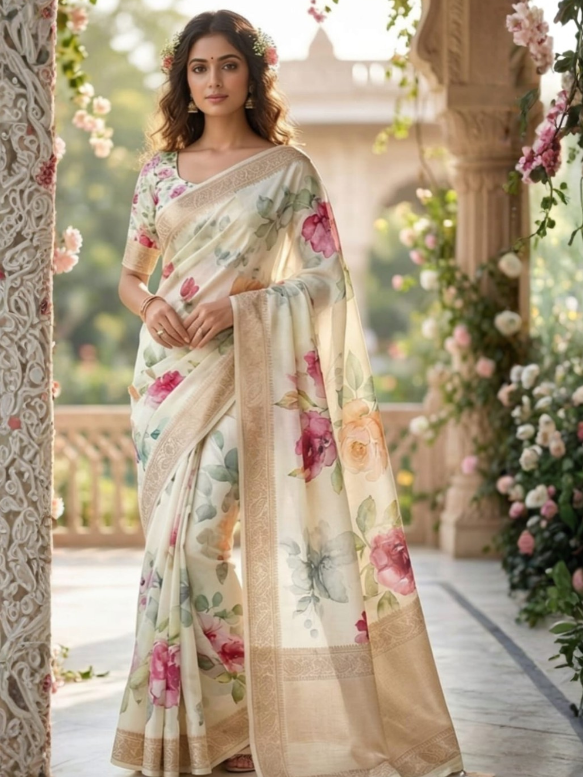 Elegant Garden Floral Cream Saree