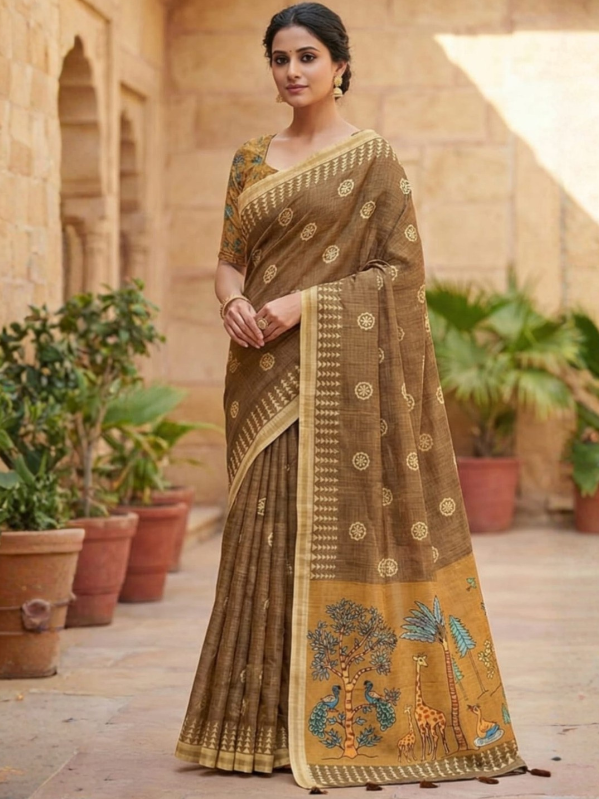 Classic Coffee Brown Ethnic Saree with Animal Print Pallu