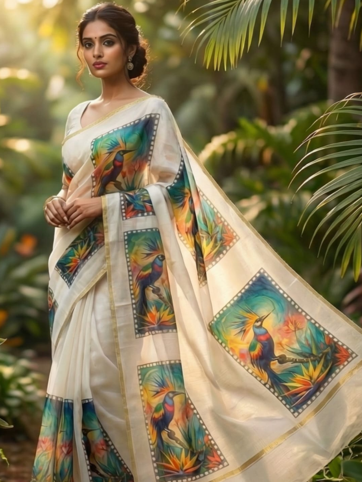 Elegant Off-White Linen Saree with Colorful Bird Print