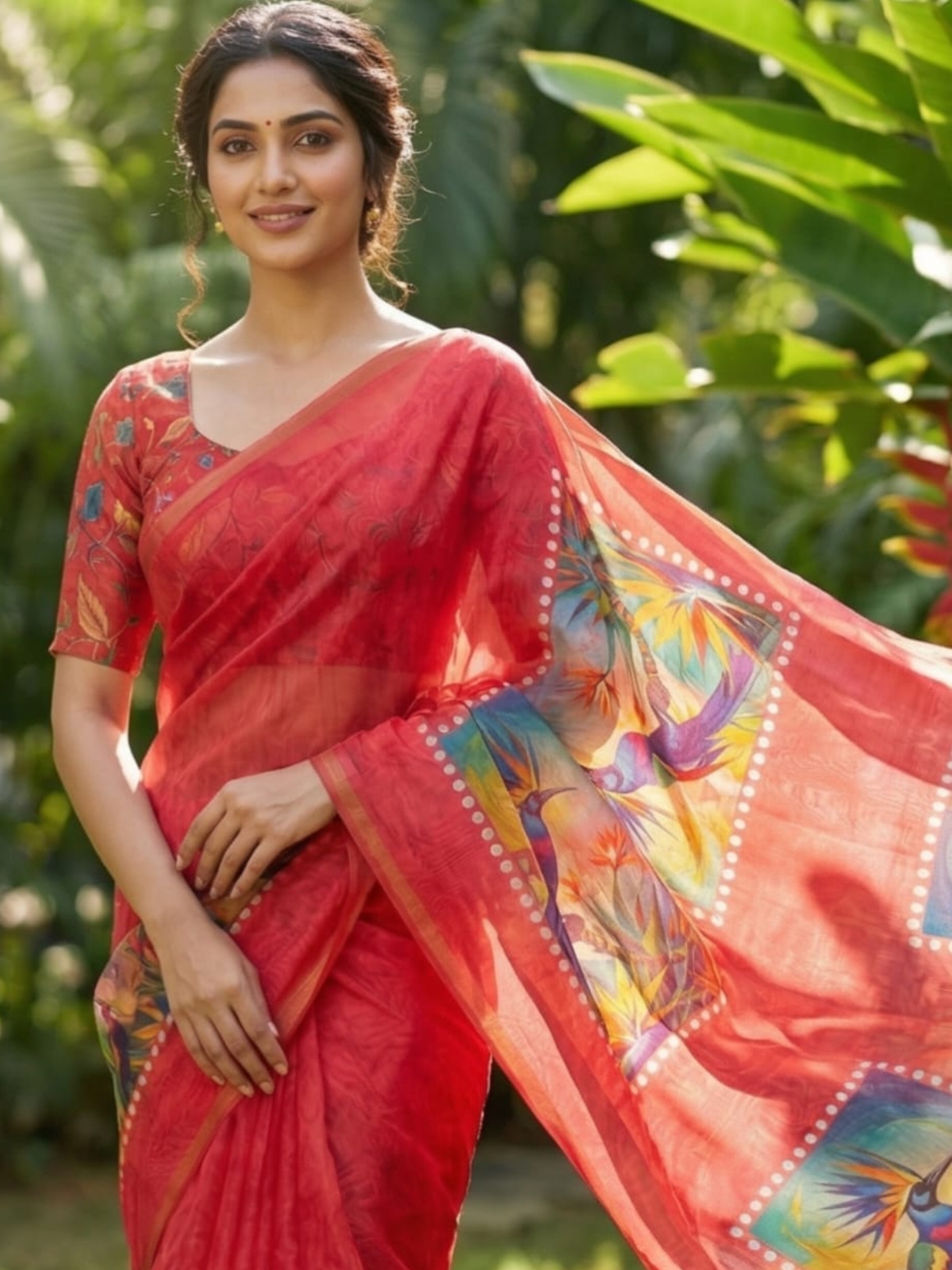 Bold Red Linen Saree with Artistic Bird Print