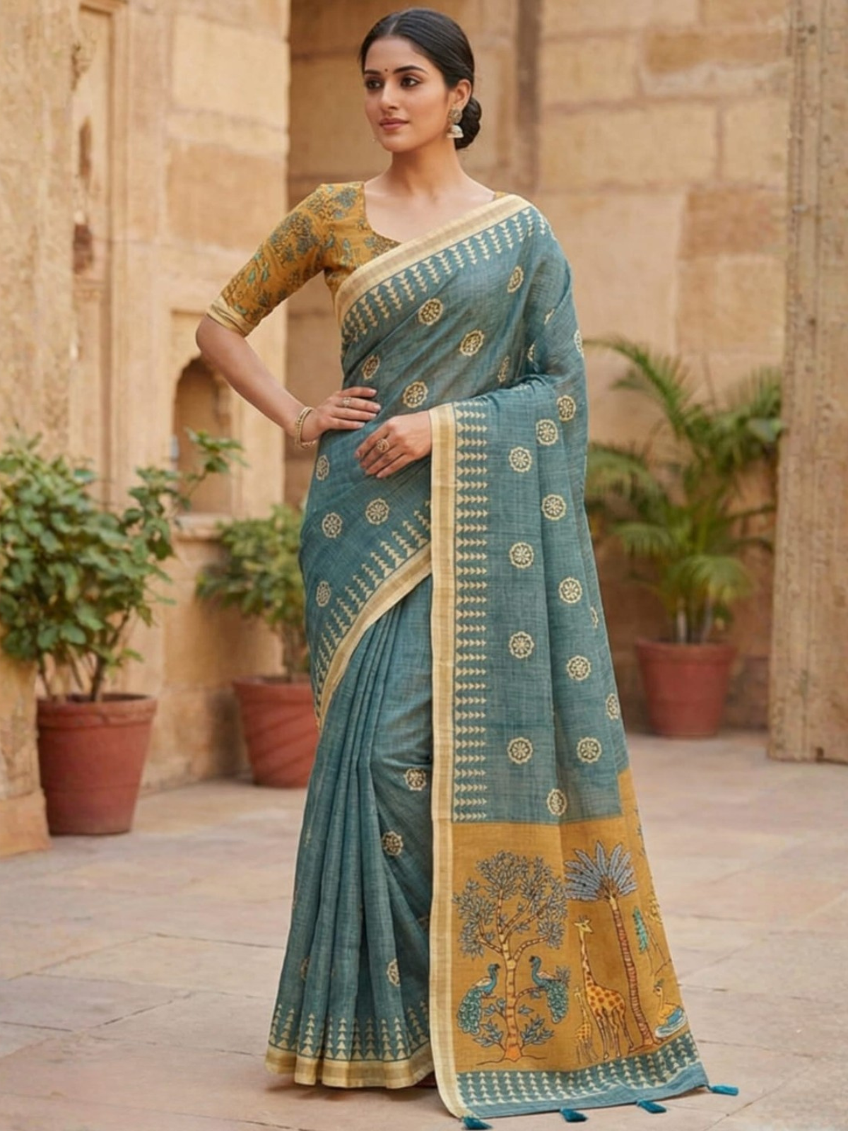 Trendy Teal Blue Ethnic Saree with Traditional Animal Print Pallu