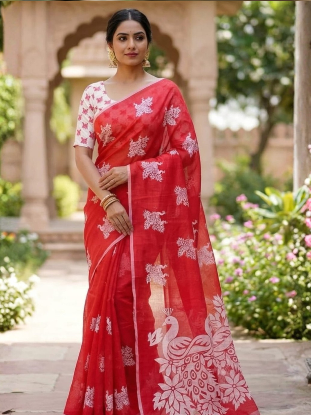 Elegant Red Organza Saree with Peacock Print