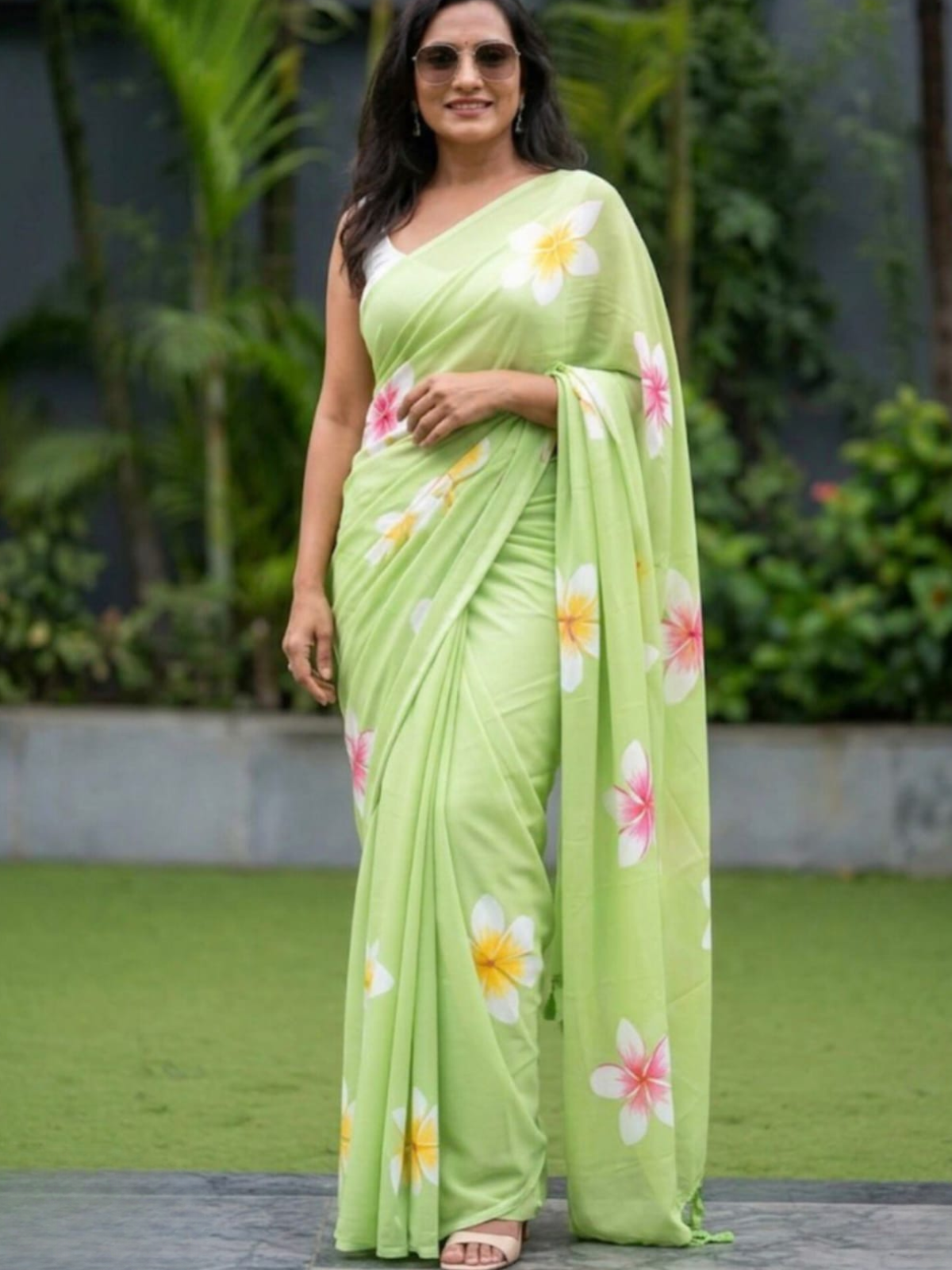 Elegant Light Green Floral Saree