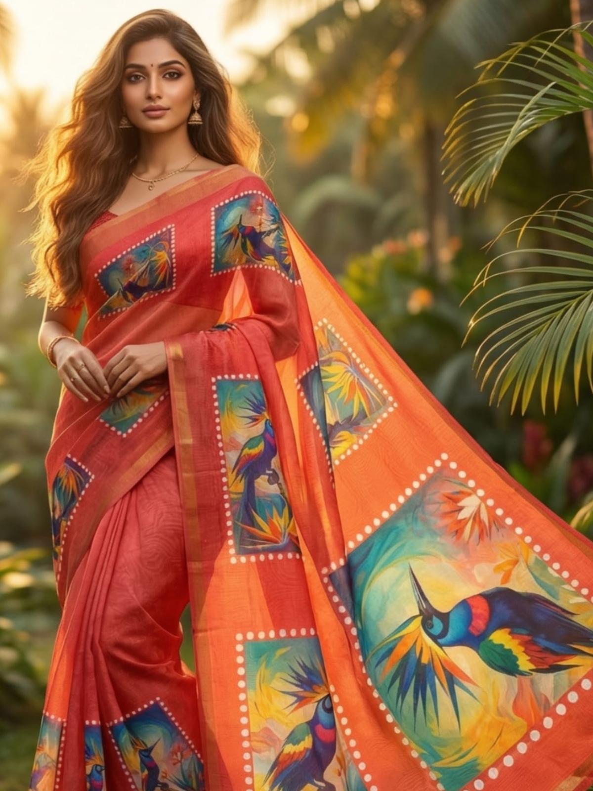 Vibrant Orange Linen Saree with Bird Print