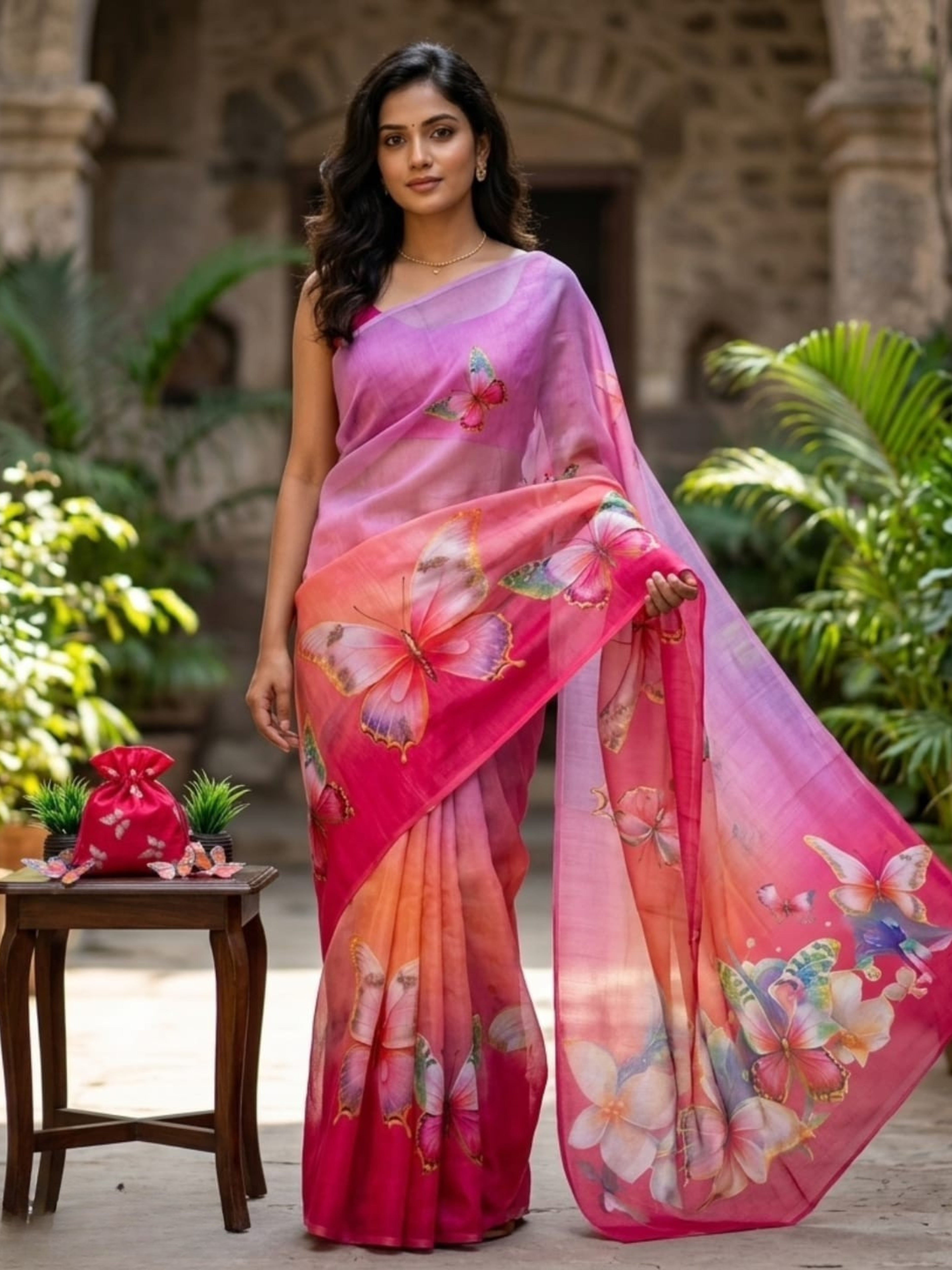 Butterfly Blossom Ombre Linen saree