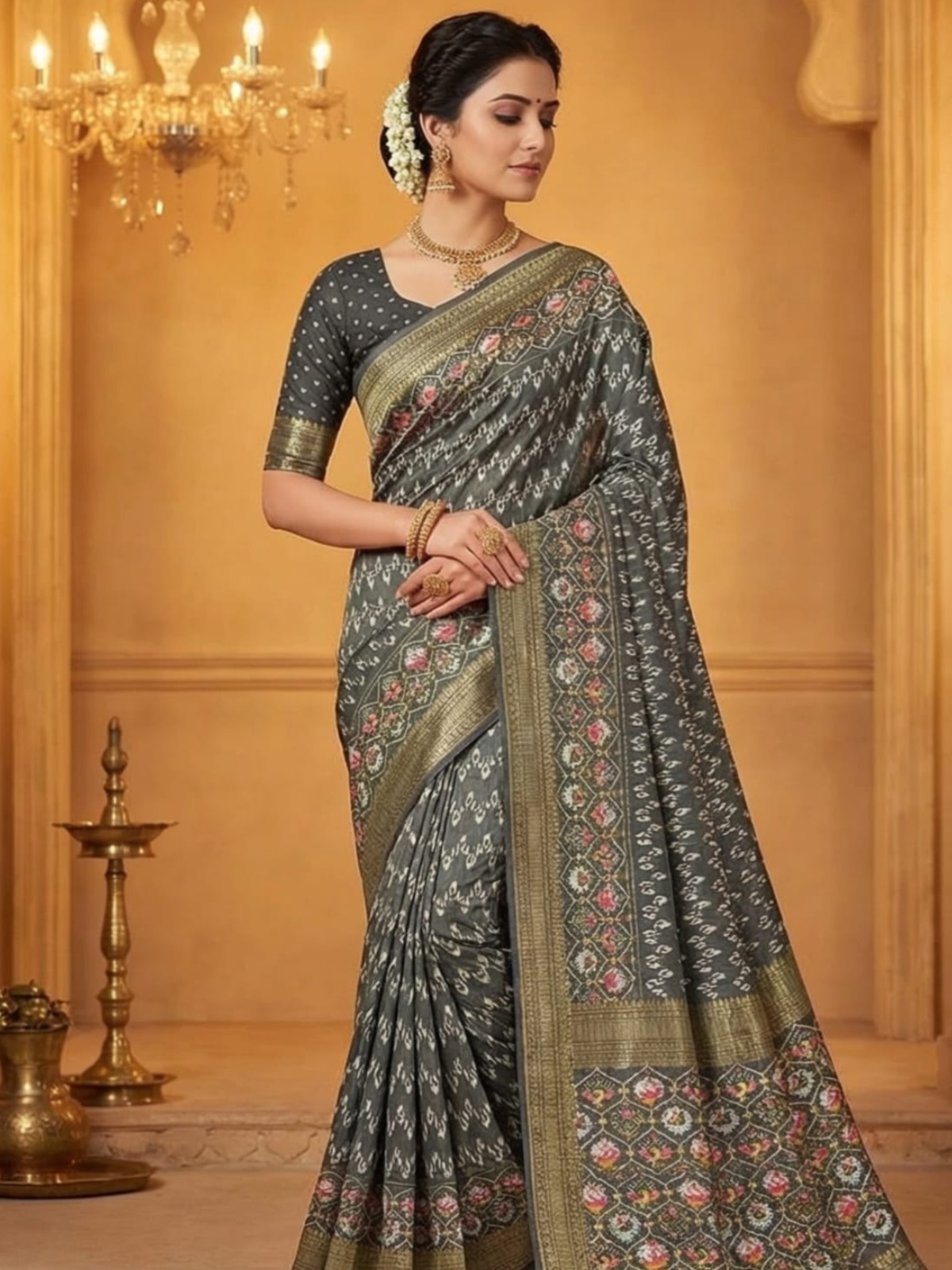 Designer Dark Grey Silk Saree with Traditional Weaving