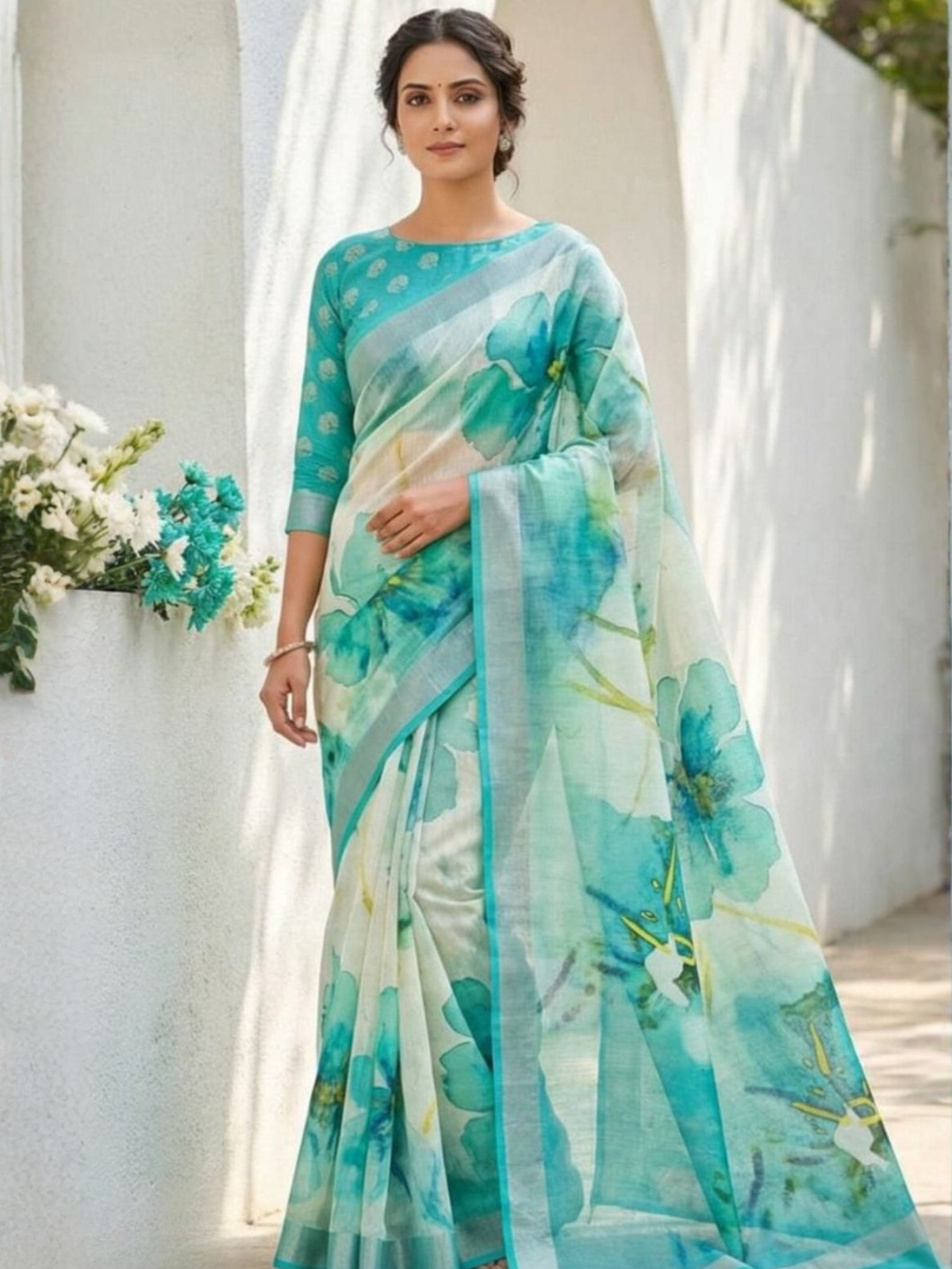 Trendy Aqua Blue Floral Organza Saree with Blouse