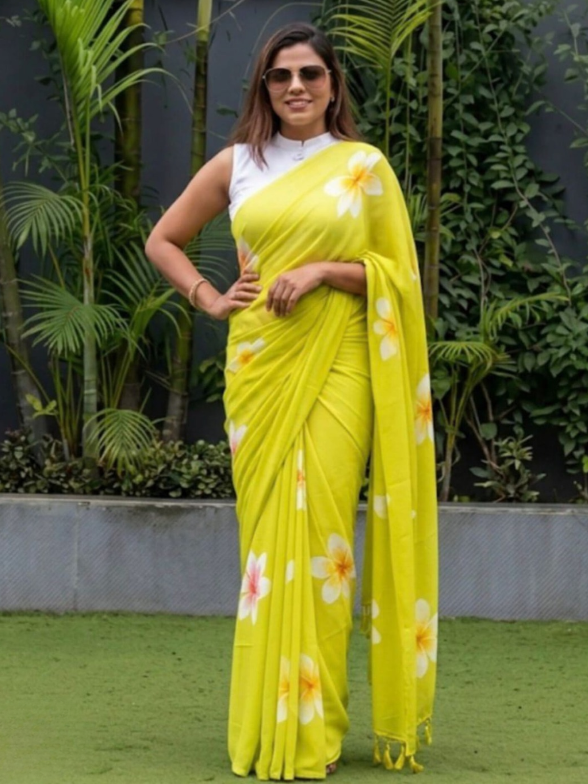Bright Yellow Floral Printed Saree