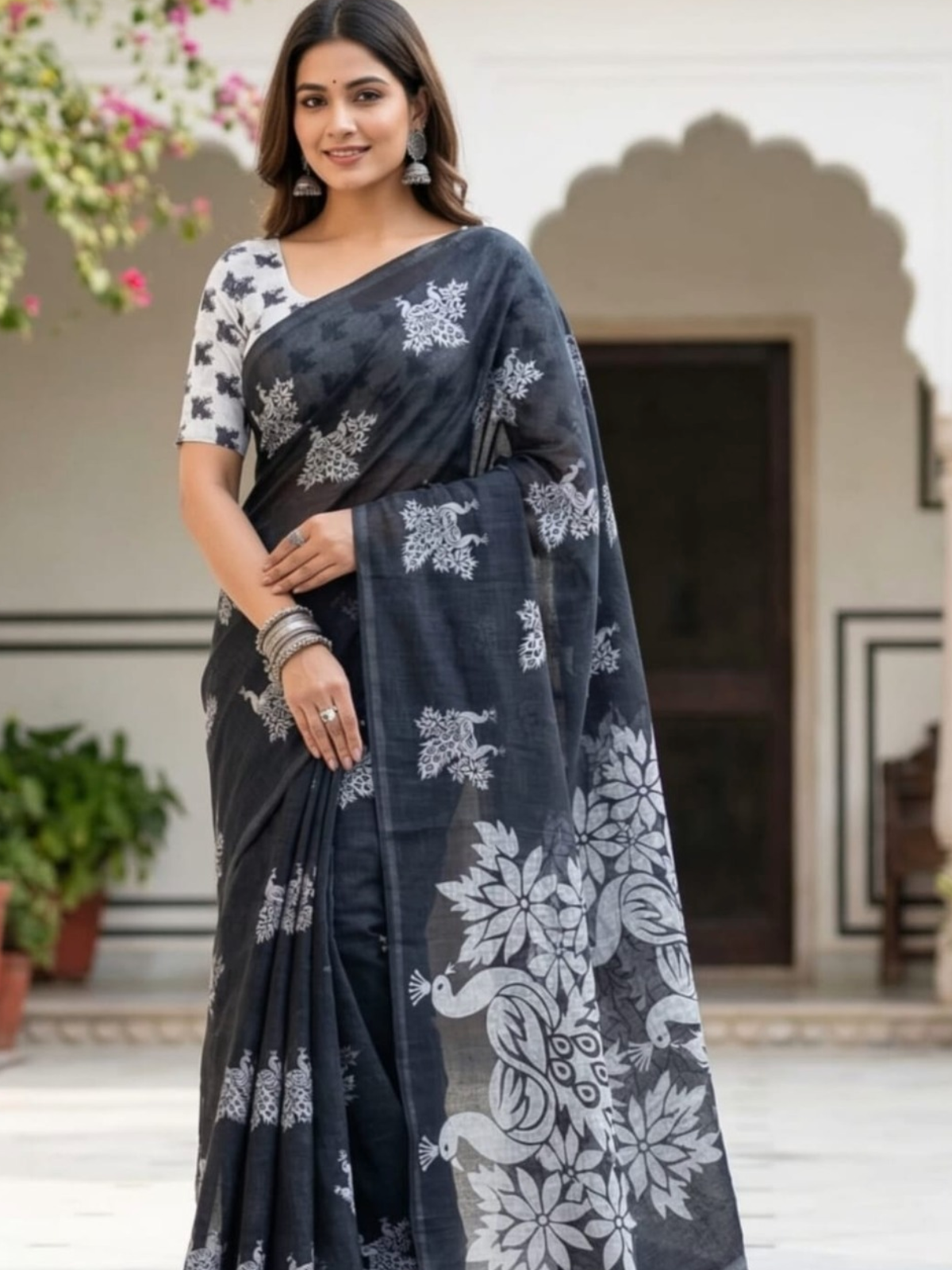 Charcoal Black Saree with Peacock Print