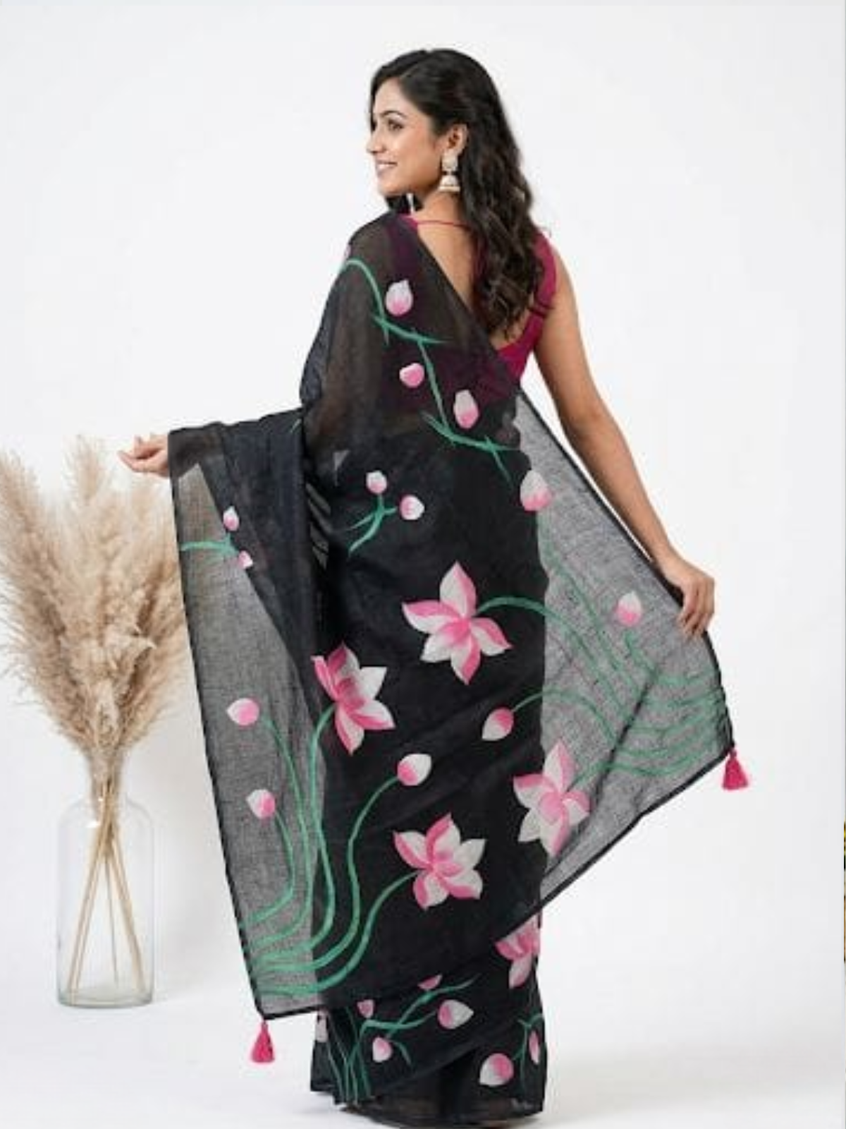 Classic Black Lotus Printed Saree with Tassel Border